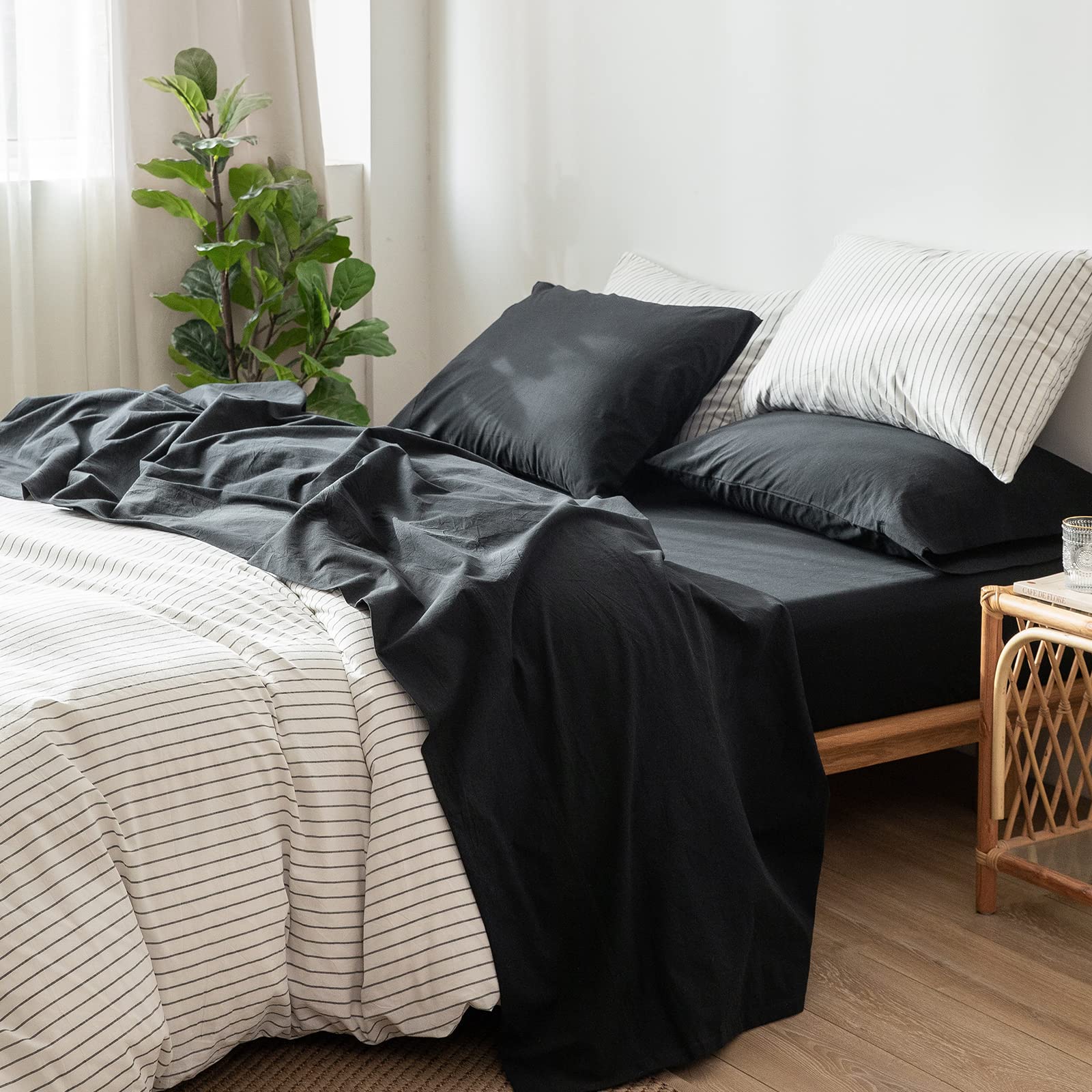 1 MooMee Bedding Sheet Set 100% Washed Cotton Linen Like Textured Breathable Durable Soft Comfy (Dark Grey, King)