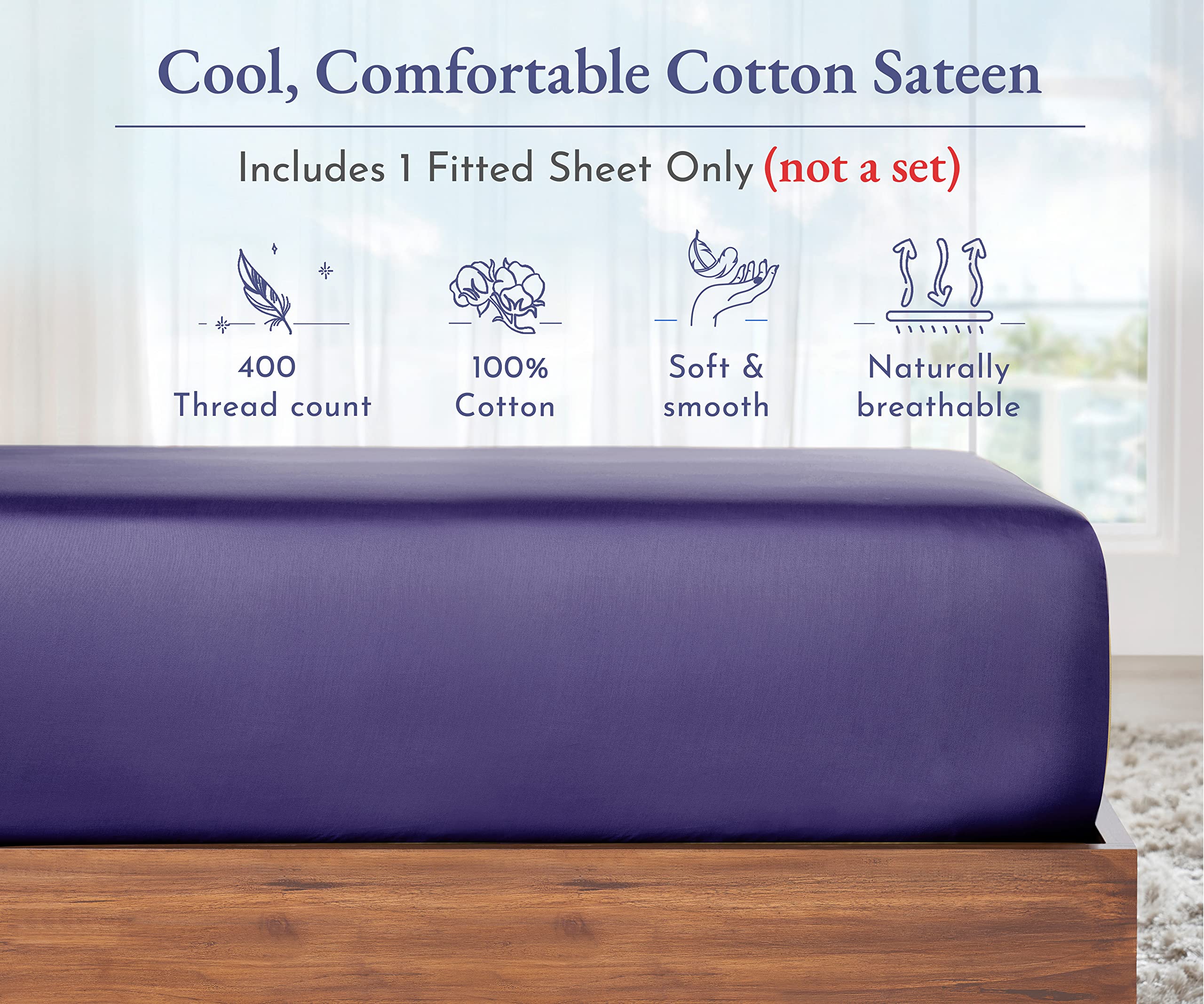 King Size Fitted Sheet White, 100% Cotton 400 Thread Count Sateen, Deep Pockets, Durable Fitted Sheet Only (King, White)