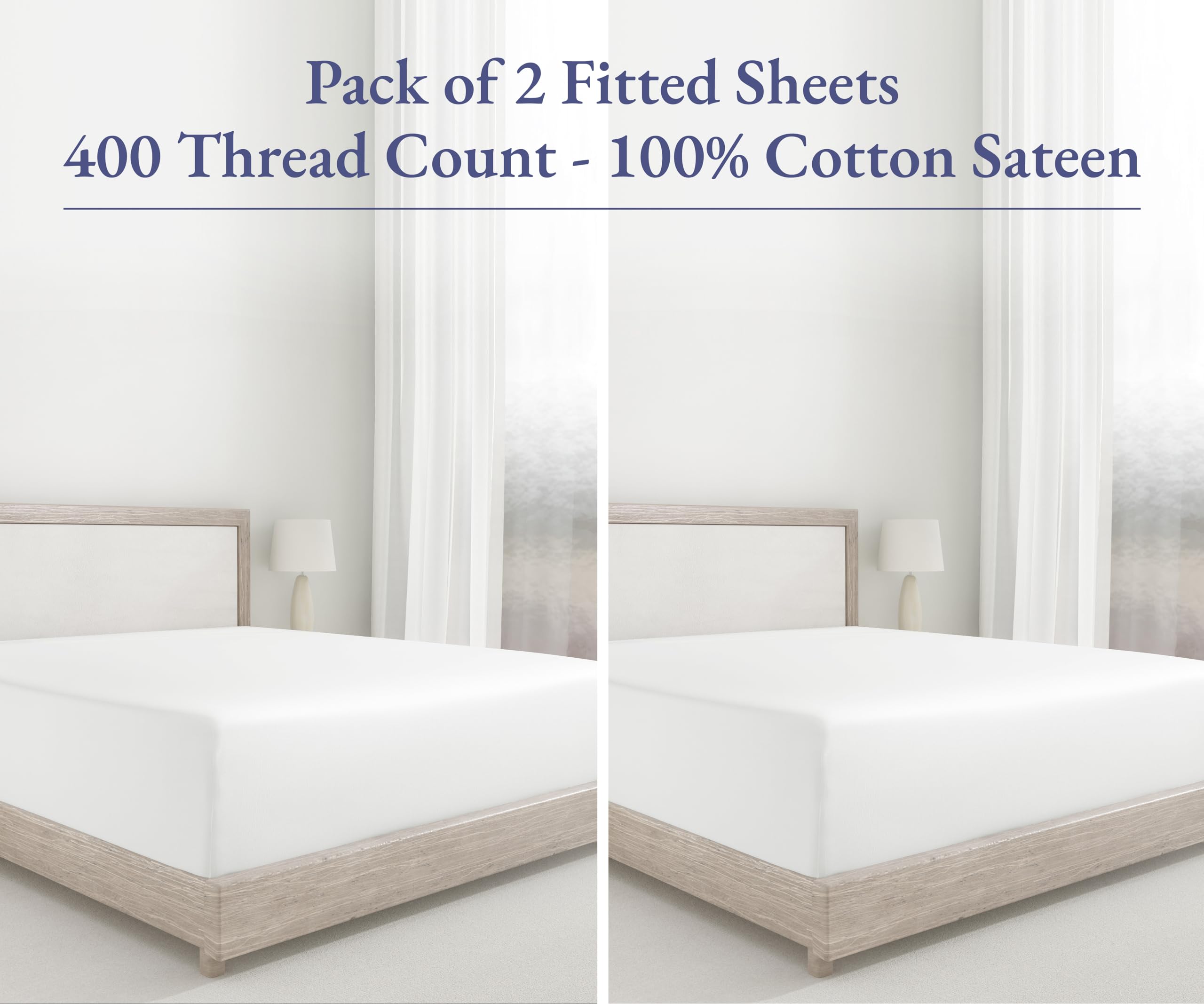 King Size Fitted Sheet White, 100% Cotton 400 Thread Count Sateen, Deep Pockets, Durable Fitted Sheet Only (King, White)