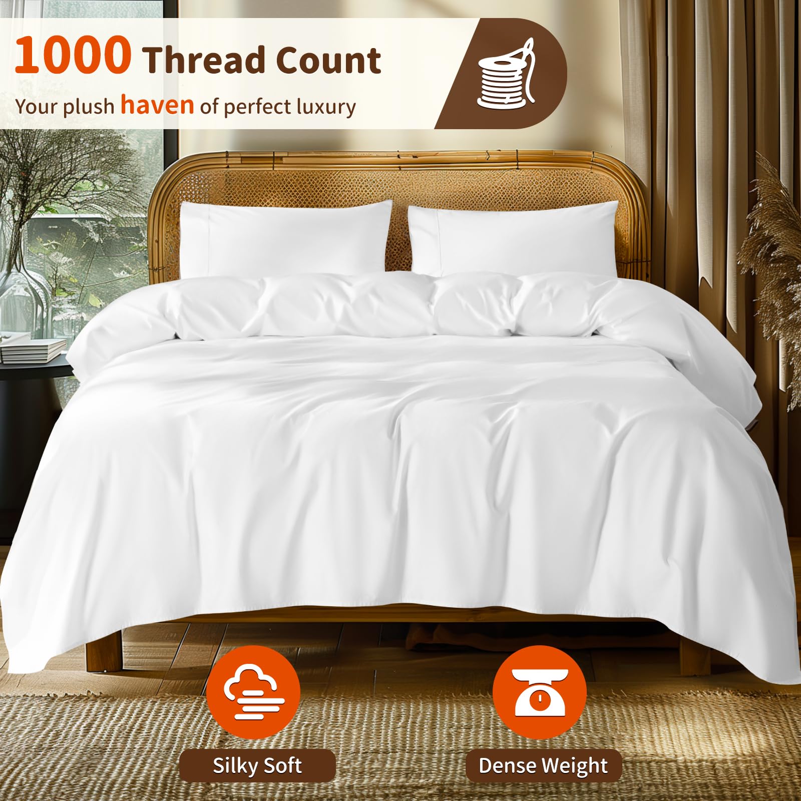 100% Egyptian Cotton Sheets Set 1000 Thread Count,Queen Size Bed Sheet 4 Piece Sets,Long Staple,16 Inches Deep Pocket,All Season,Bedding Super Soft Breathable,Sateen Weave(White)