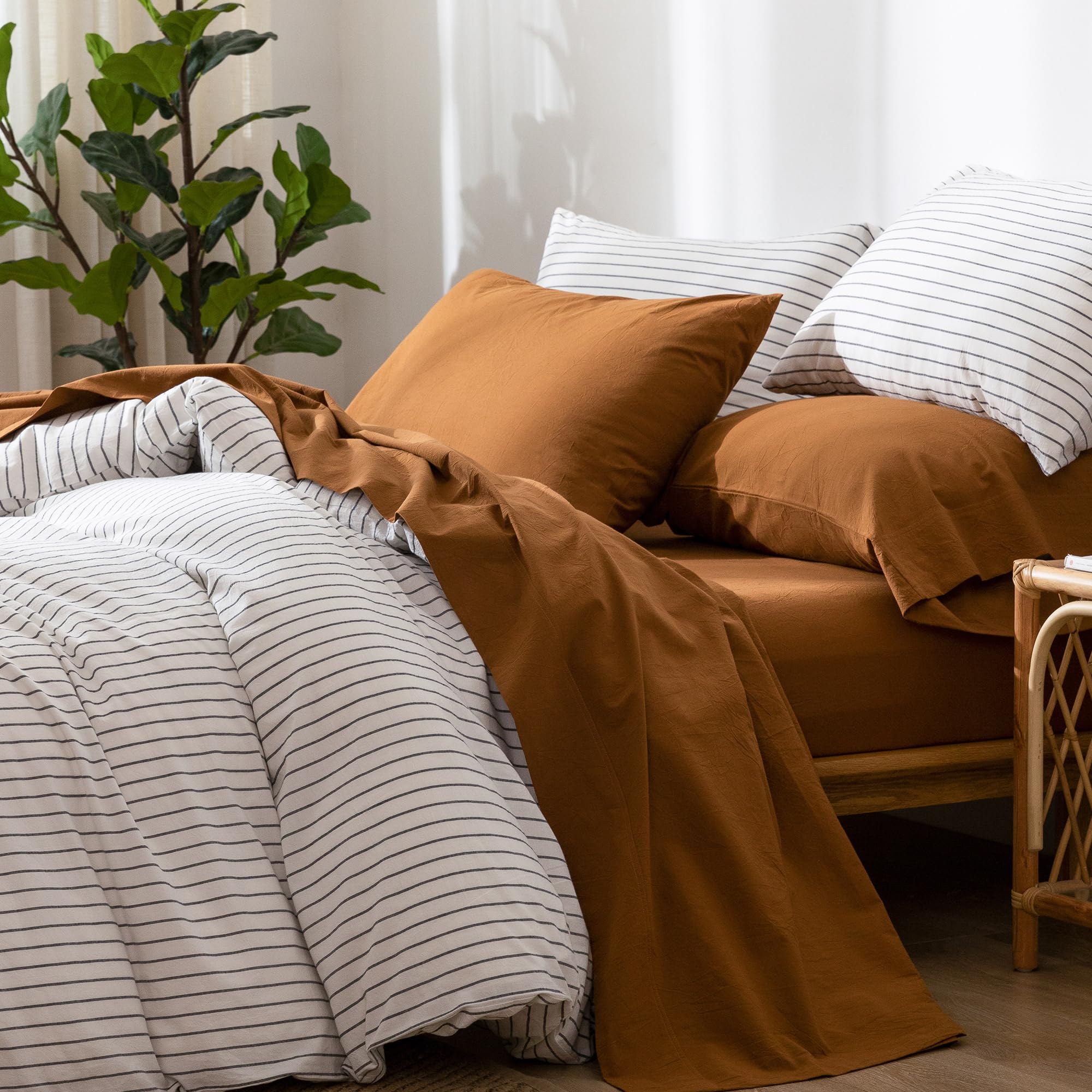 1 MooMee Bedding Sheet Set 100% Washed Cotton Linen Like Textured Breathable Durable Soft Comfy (Dark Grey, King)