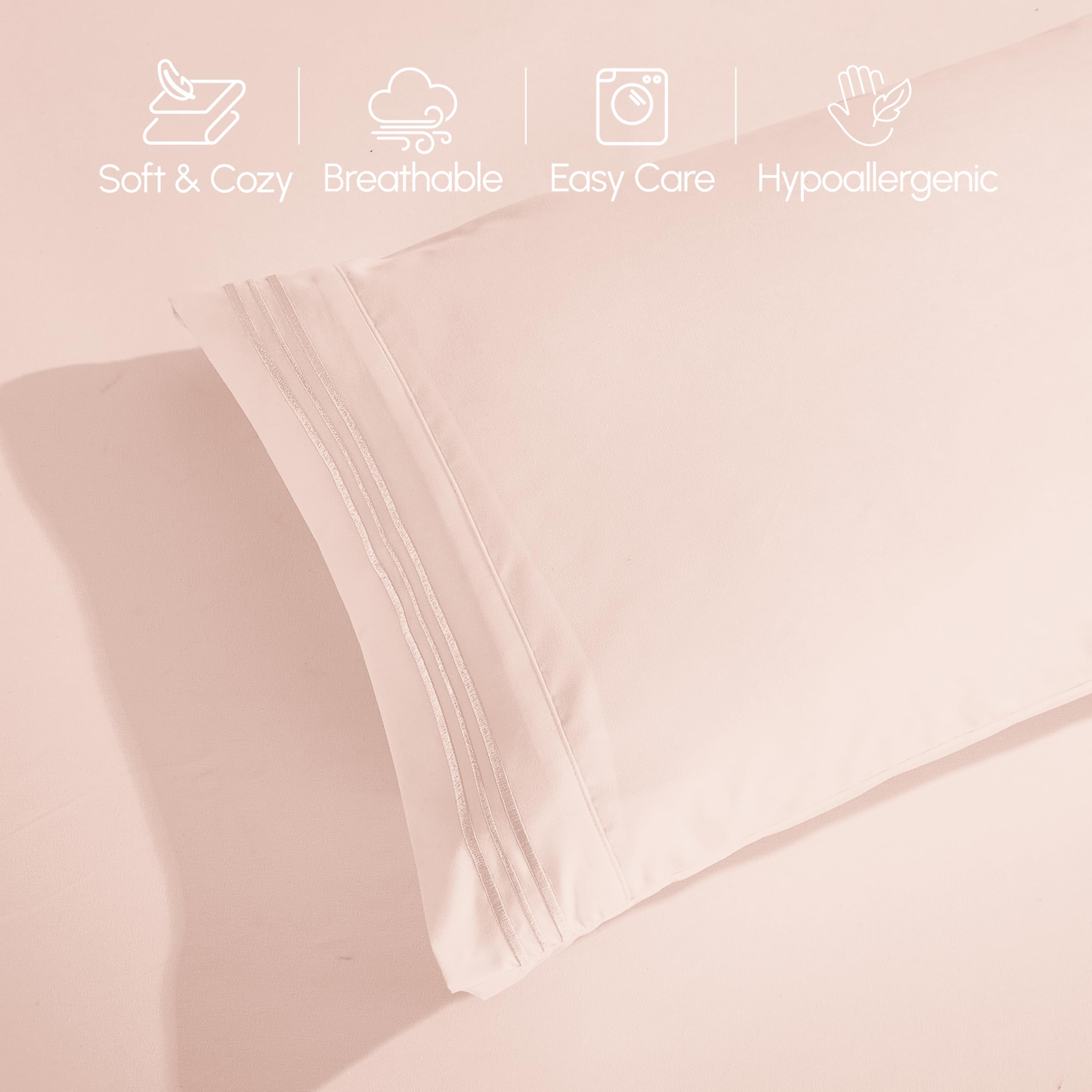 Luxurious 1500 Premium Hotel Quality Microfiber Three Line Embroidered Softest 4-Piece Bed Sheet Set, Wrinkle and Fade Resistant, Full, Light Pink