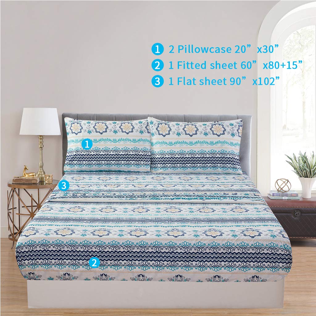 Boho Floral Printed Sheet Set Queen Size 4 Piece, Soft Botanical Pattern Microfiber Sheets Extra Deep Pocket