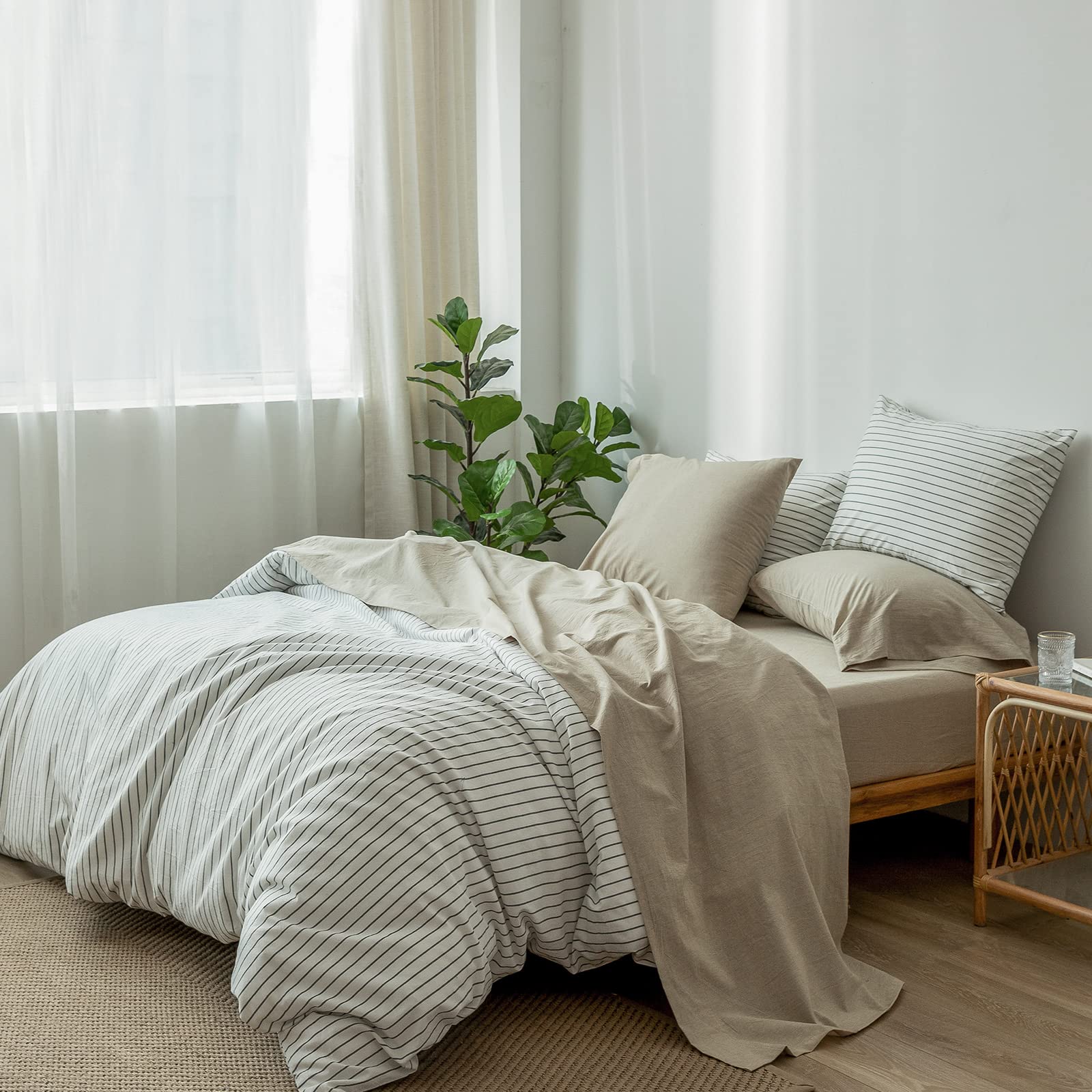 1 MooMee Bedding Sheet Set 100% Washed Cotton Linen Like Textured Breathable Durable Soft Comfy (Dark Grey, King)