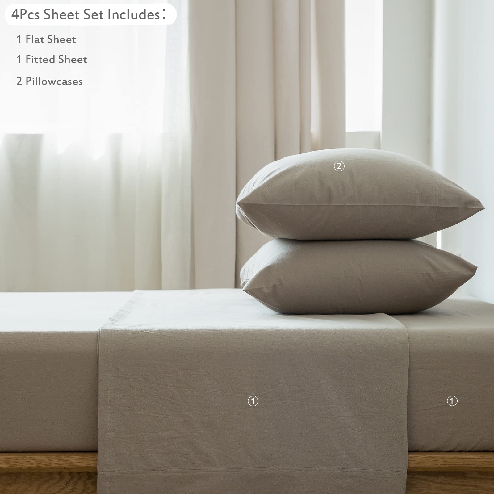 1 MooMee Bedding Sheet Set 100% Washed Cotton Linen Like Textured Breathable Durable Soft Comfy (Dark Grey, King)