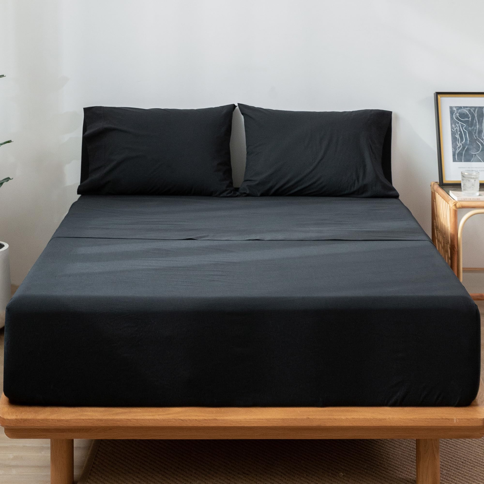 1 MooMee Bedding Sheet Set 100% Washed Cotton Linen Like Textured Breathable Durable Soft Comfy (Dark Grey, King)