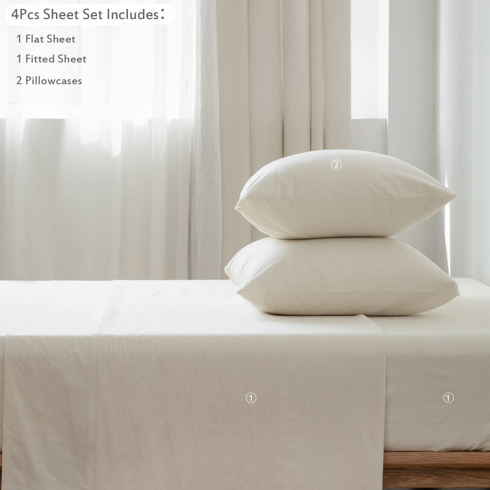 1 MooMee Bedding Sheet Set 100% Washed Cotton Linen Like Textured Breathable Durable Soft Comfy (Dark Grey, King)