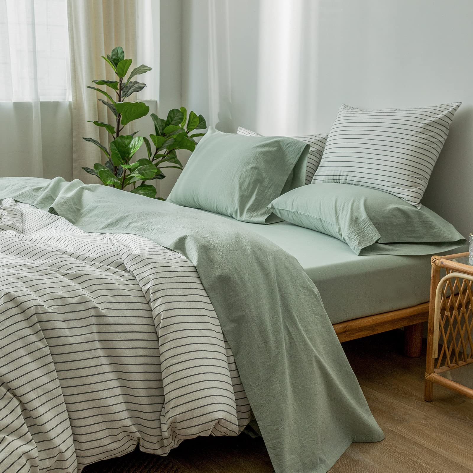 1 MooMee Bedding Sheet Set 100% Washed Cotton Linen Like Textured Breathable Durable Soft Comfy (Dark Grey, King)