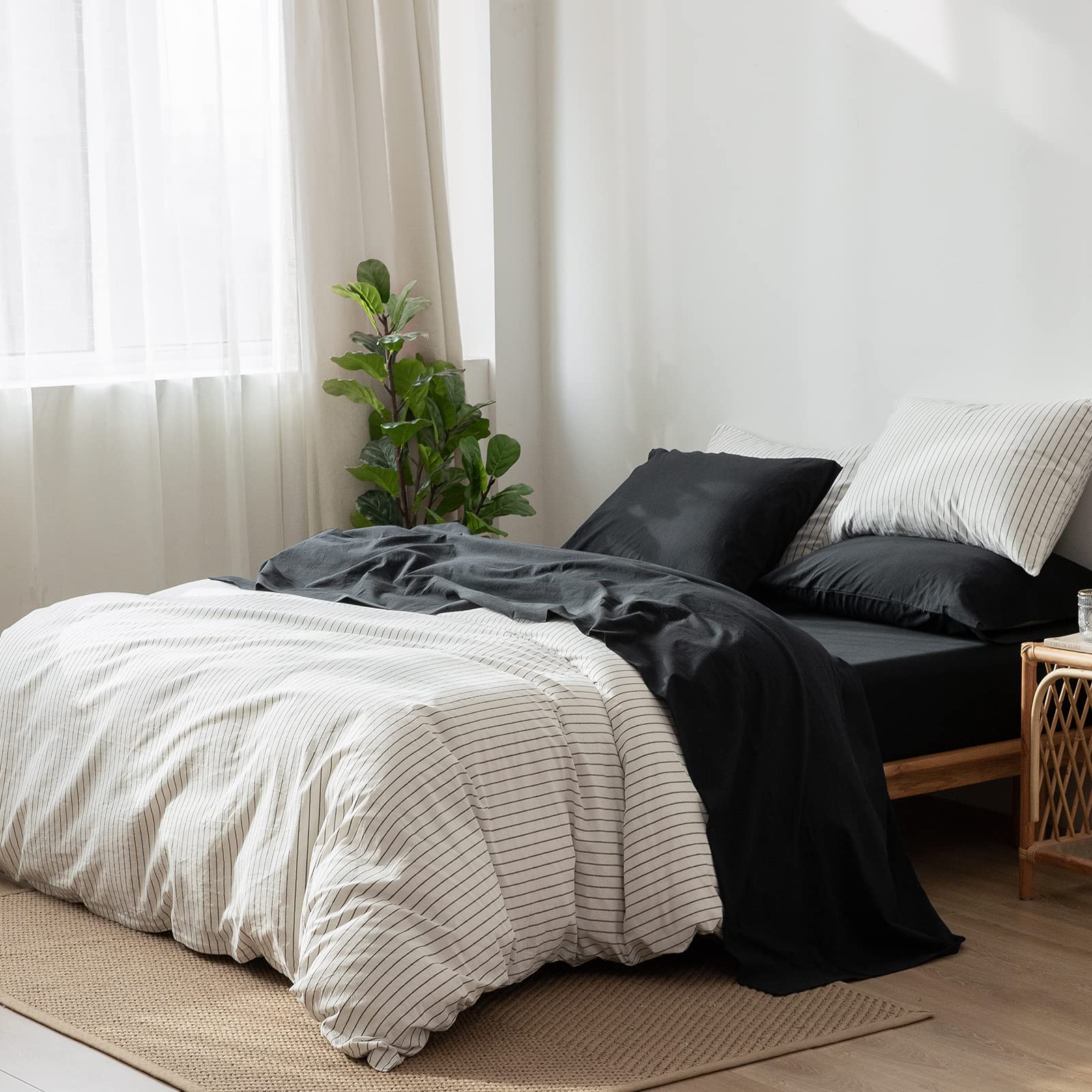 1 MooMee Bedding Sheet Set 100% Washed Cotton Linen Like Textured Breathable Durable Soft Comfy (Dark Grey, King)