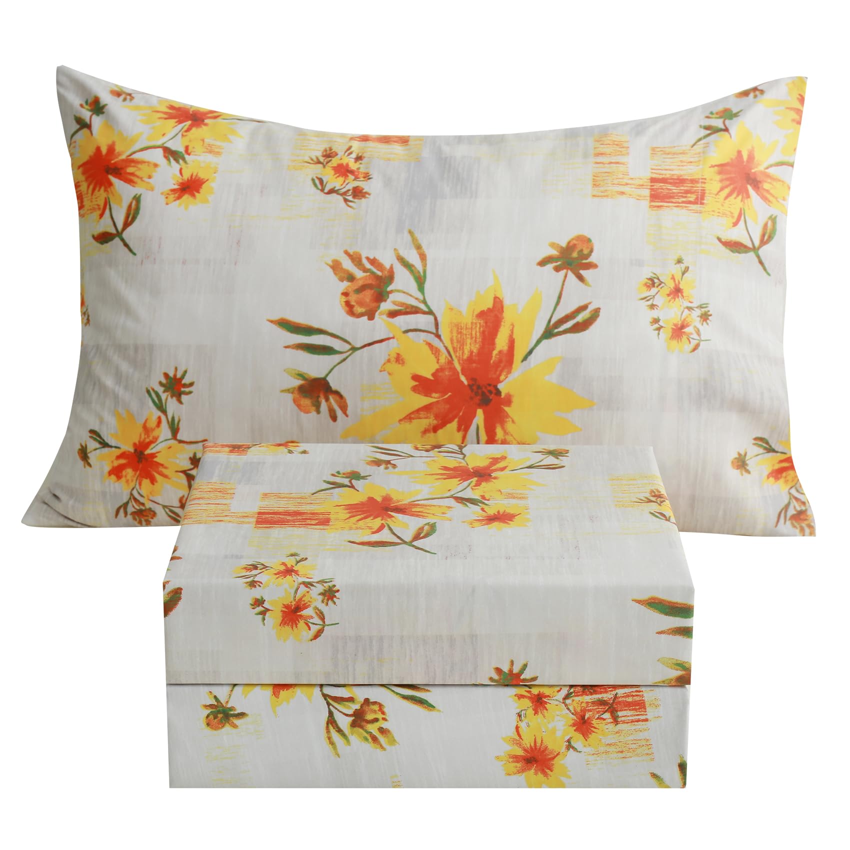 Boho Floral Printed Sheet Set Queen Size 4 Piece, Soft Botanical Pattern Microfiber Sheets Extra Deep Pocket