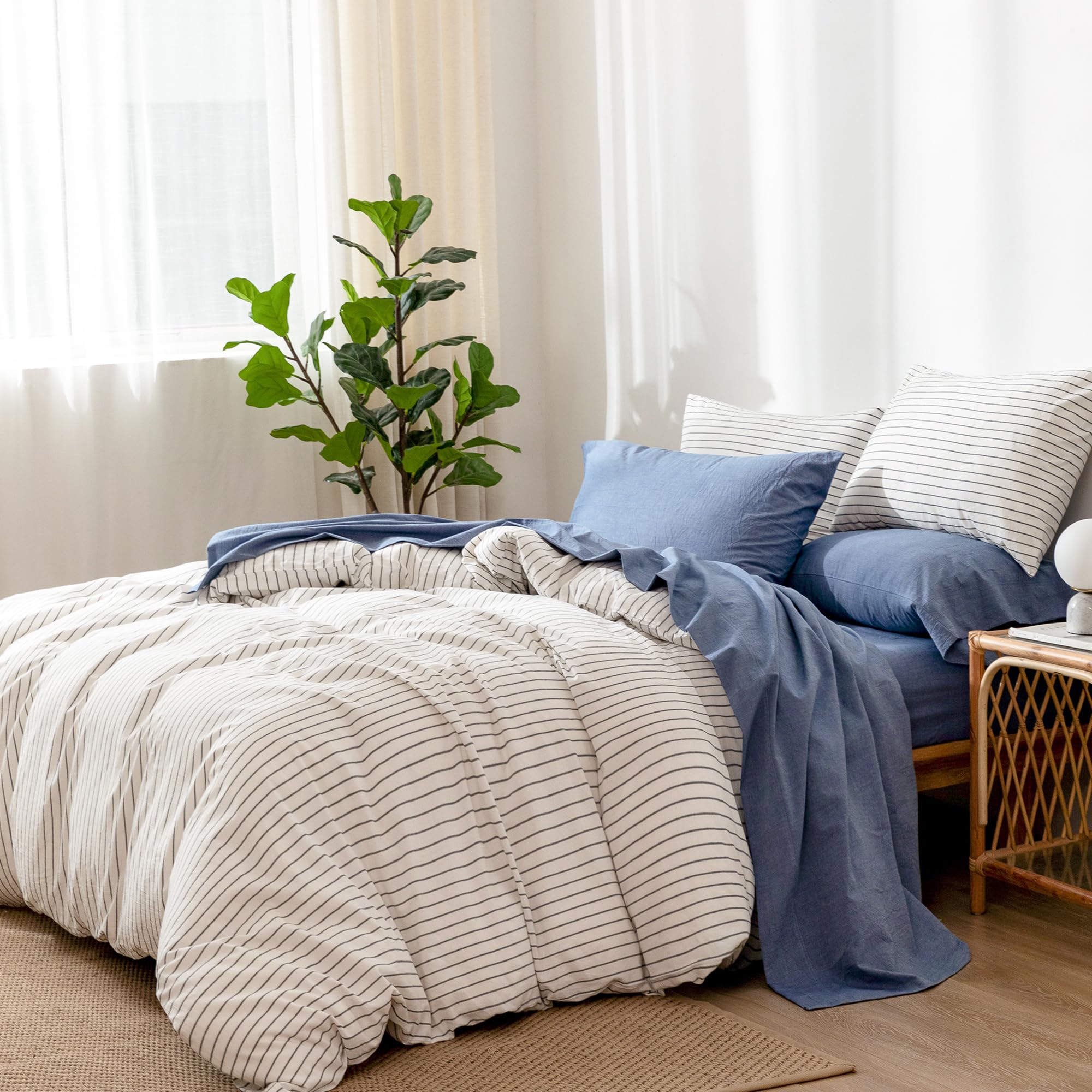1 MooMee Bedding Sheet Set 100% Washed Cotton Linen Like Textured Breathable Durable Soft Comfy (Dark Grey, King)