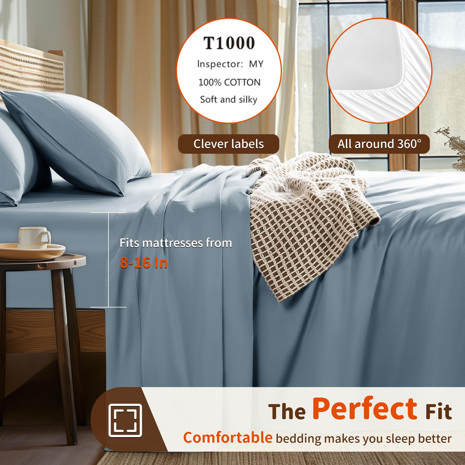100% Egyptian Cotton Sheets Set 1000 Thread Count,Queen Size Bed Sheet 4 Piece Sets,Long Staple,16 Inches Deep Pocket,All Season,Bedding Super Soft Breathable,Sateen Weave(White)