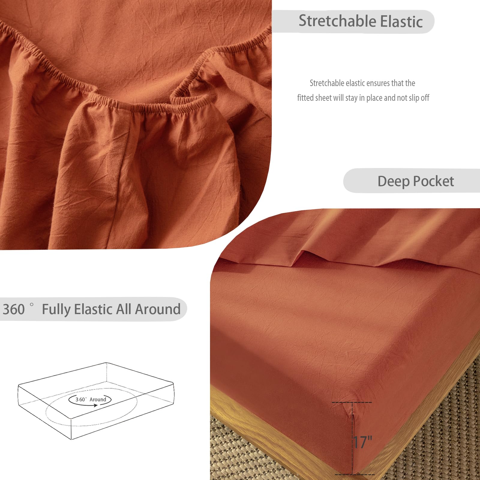 1 MooMee Bedding Sheet Set 100% Washed Cotton Linen Like Textured Breathable Durable Soft Comfy (Dark Grey, King)