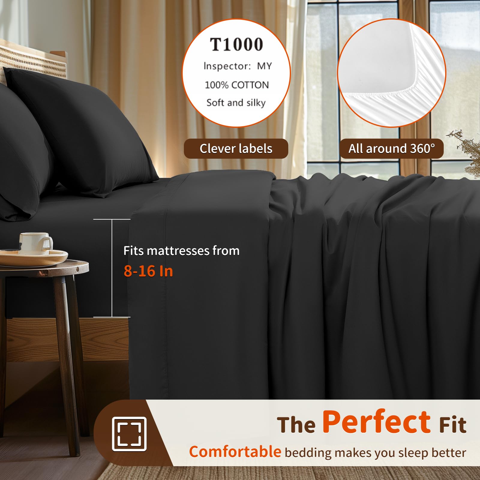 100% Egyptian Cotton Sheets Set 1000 Thread Count,Queen Size Bed Sheet 4 Piece Sets,Long Staple,16 Inches Deep Pocket,All Season,Bedding Super Soft Breathable,Sateen Weave(White)