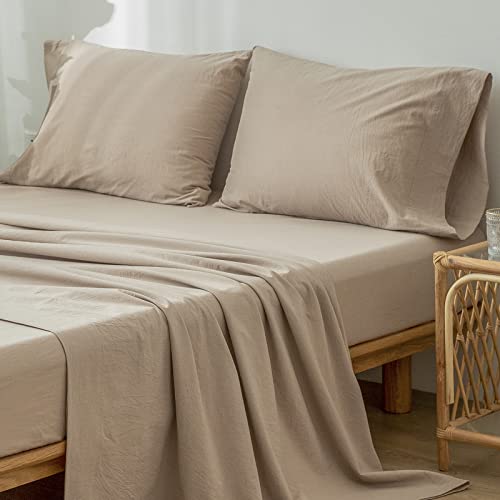 1 MooMee Bedding Sheet Set 100% Washed Cotton Linen Like Textured Breathable Durable Soft Comfy (Dark Grey, King)