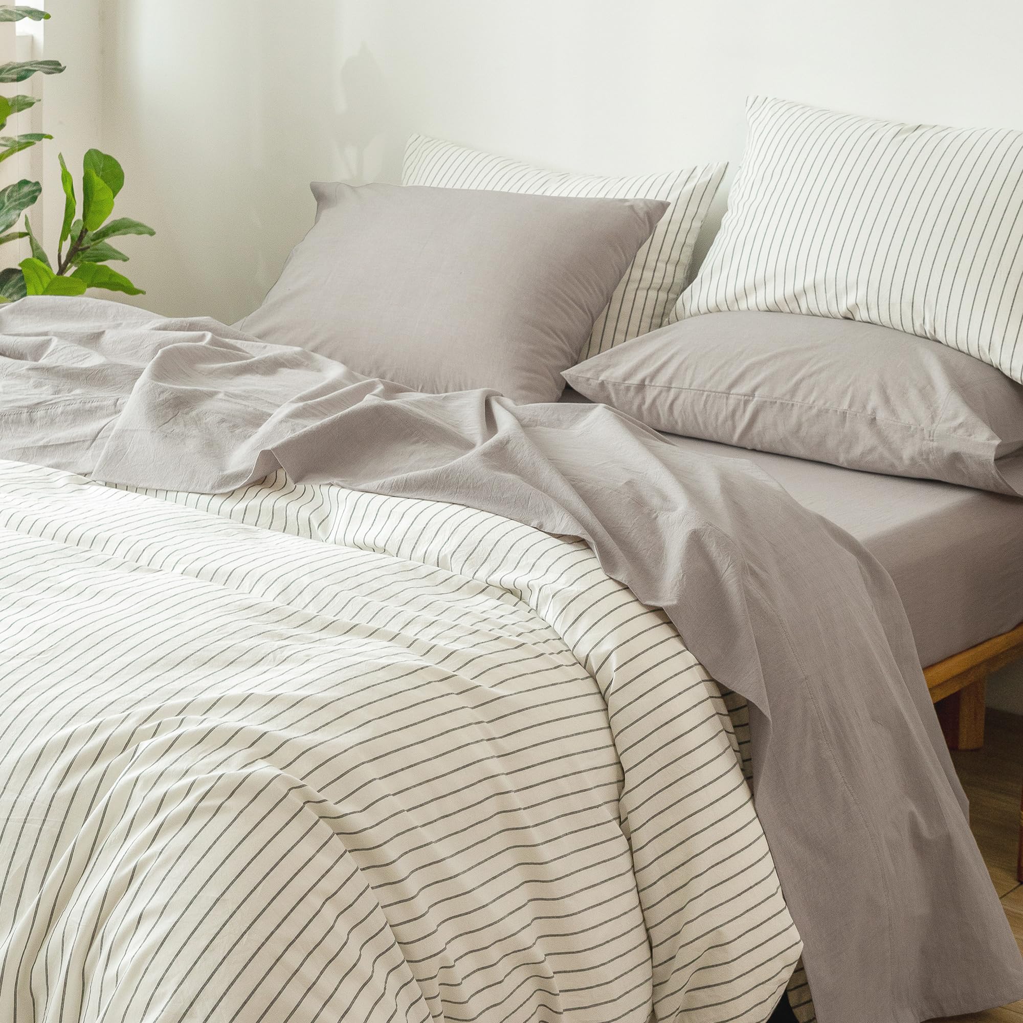 1 MooMee Bedding Sheet Set 100% Washed Cotton Linen Like Textured Breathable Durable Soft Comfy (Dark Grey, King)