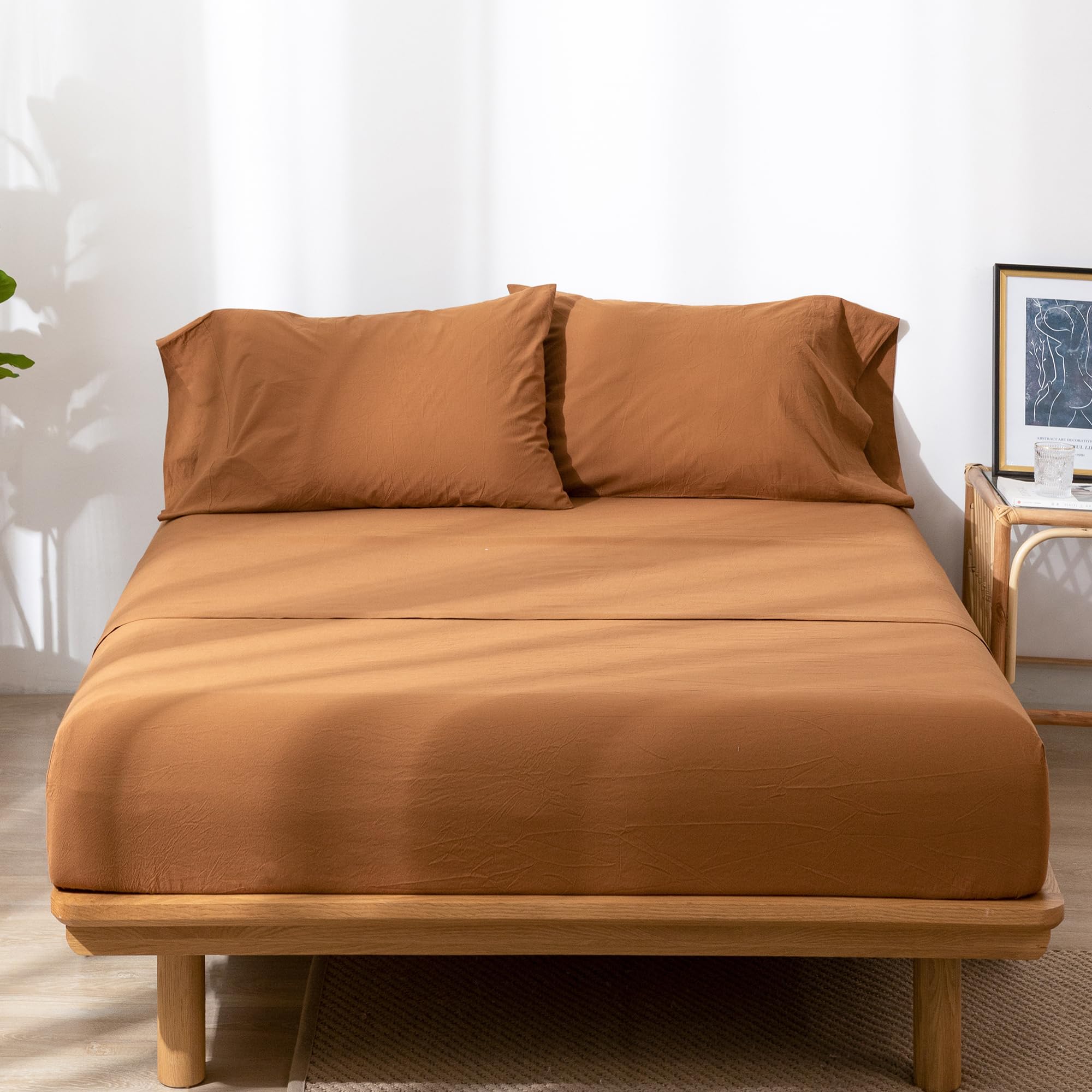 1 MooMee Bedding Sheet Set 100% Washed Cotton Linen Like Textured Breathable Durable Soft Comfy (Dark Grey, King)