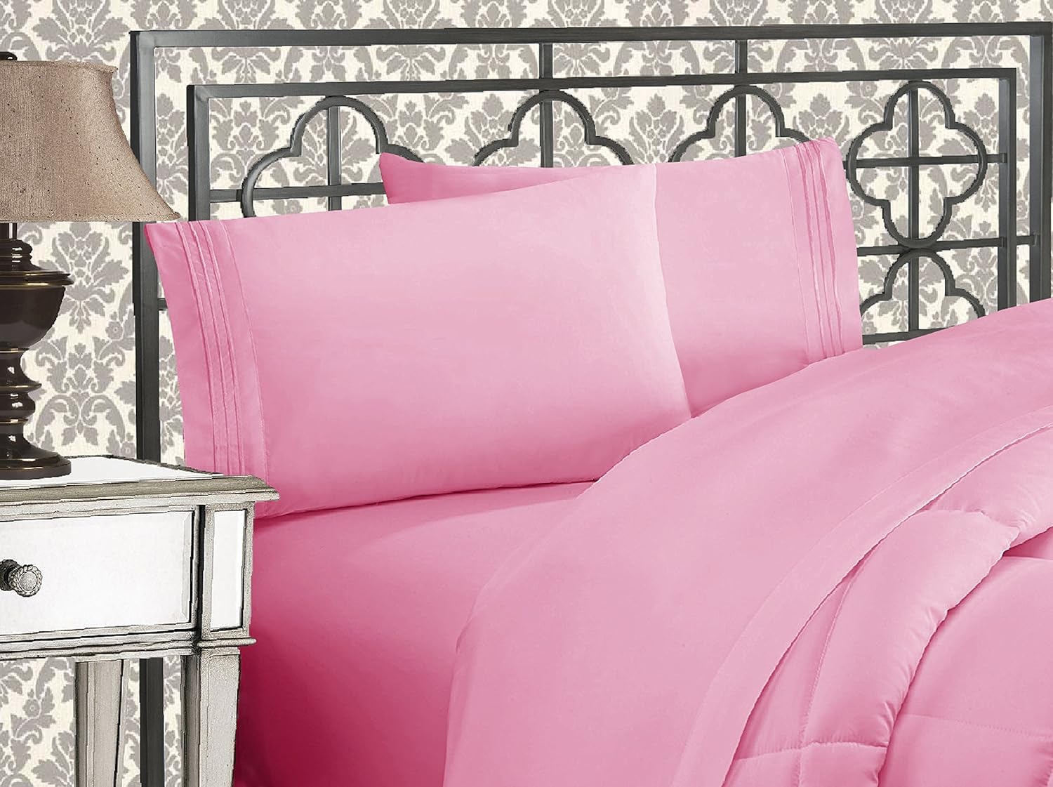Luxurious 1500 Premium Hotel Quality Microfiber Three Line Embroidered Softest 4-Piece Bed Sheet Set, Wrinkle and Fade Resistant, Full, Light Pink