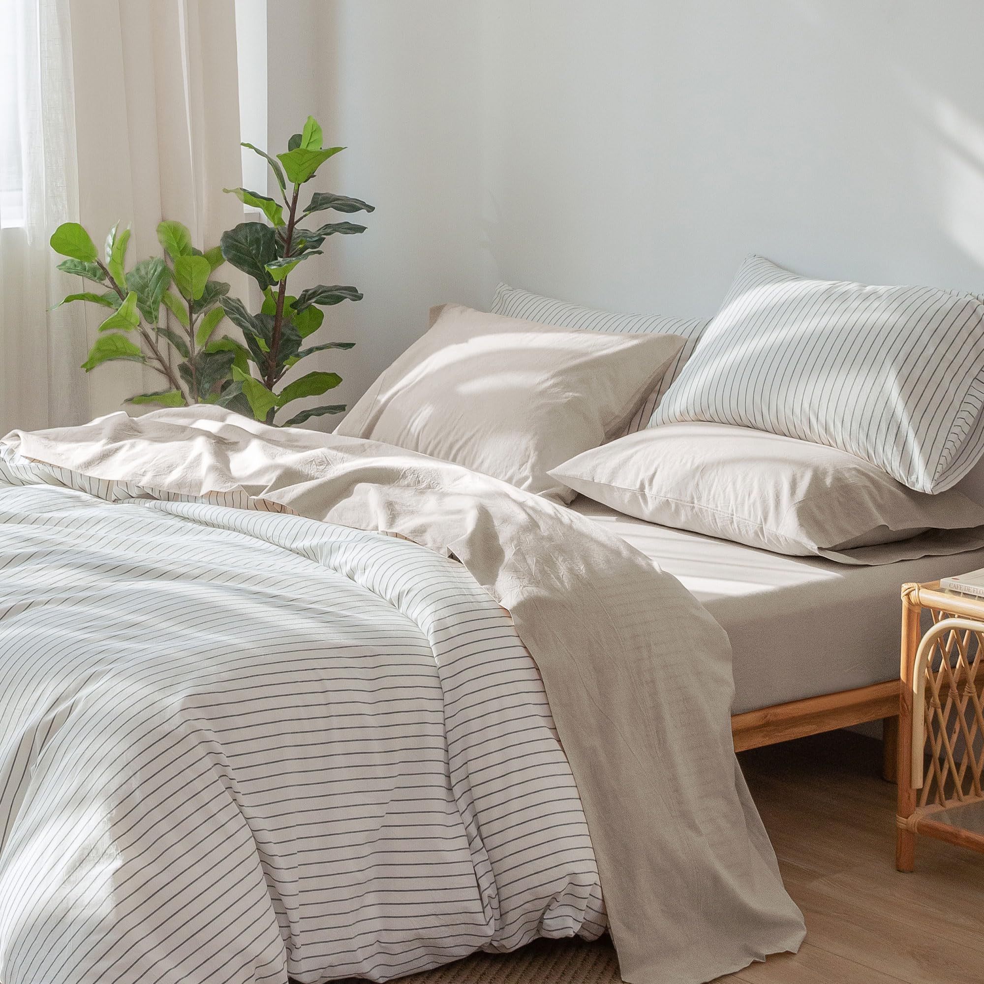 1 MooMee Bedding Sheet Set 100% Washed Cotton Linen Like Textured Breathable Durable Soft Comfy (Dark Grey, King)
