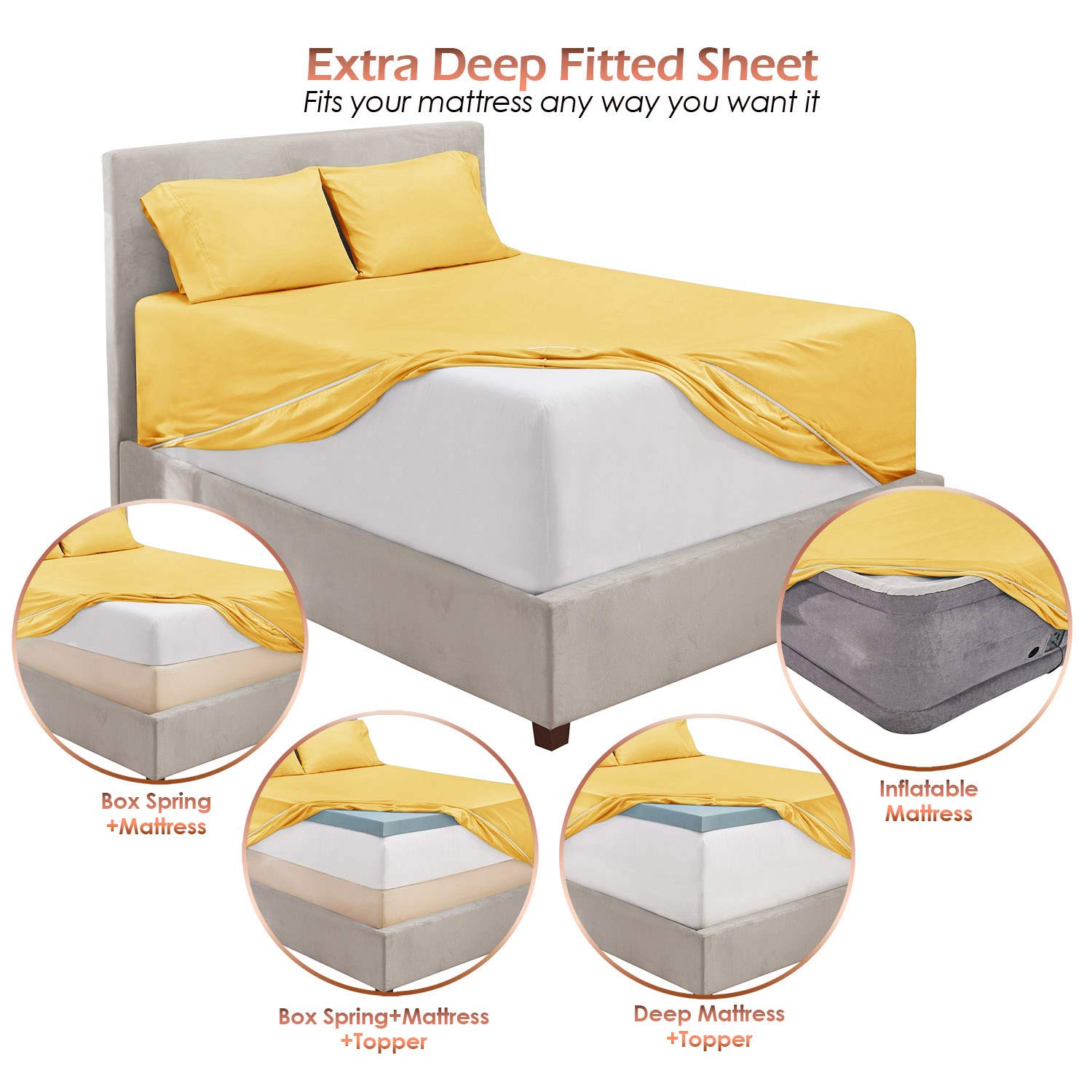 1Extra Deep Pocket King Size Sheets Sets - Fits Mattress 18-24 Inches Deep - Extra Deep Pocket Sheets - 6 Piece King Size Sheets - King Sheets Deep Pocket - Grey Sheets