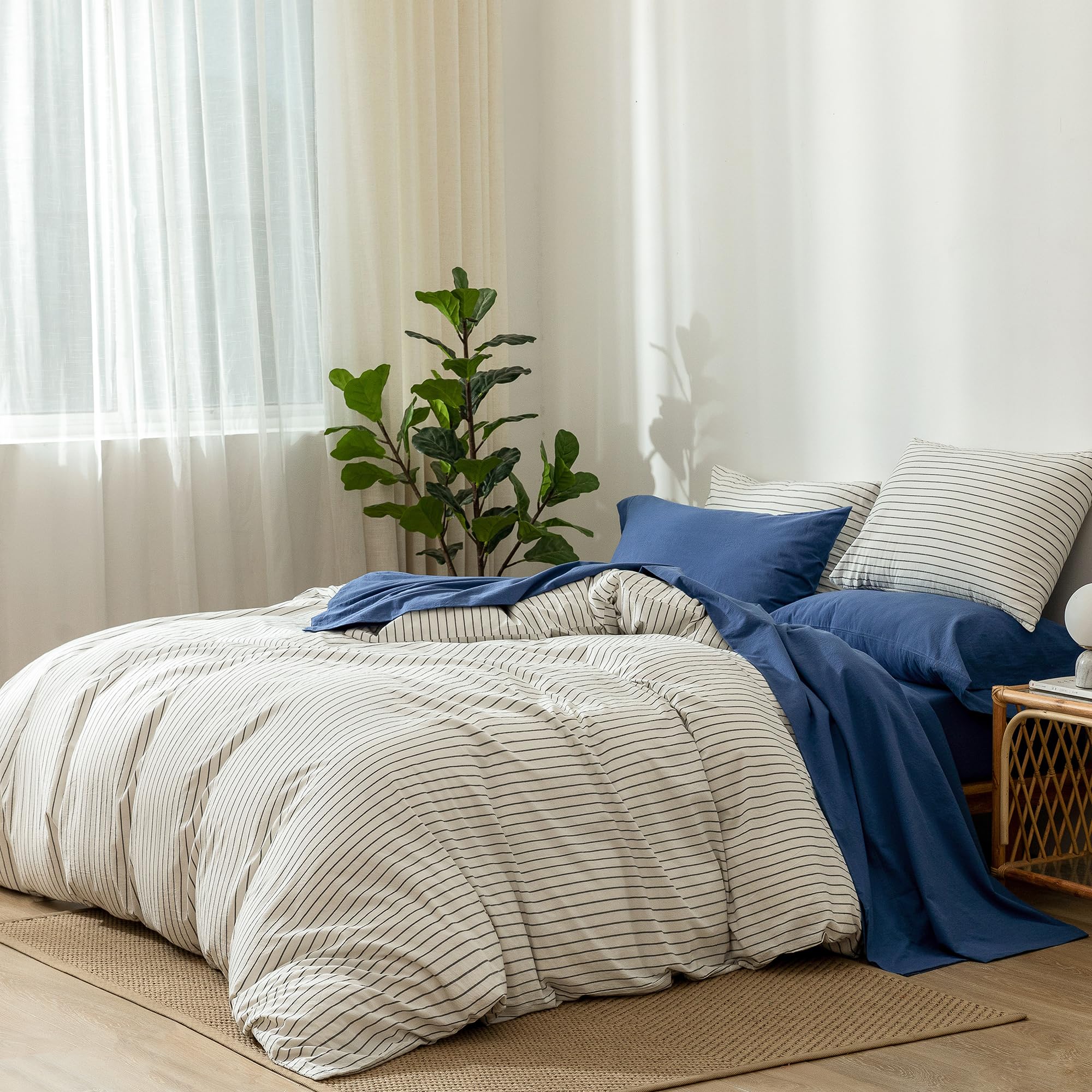 1 MooMee Bedding Sheet Set 100% Washed Cotton Linen Like Textured Breathable Durable Soft Comfy (Dark Grey, King)
