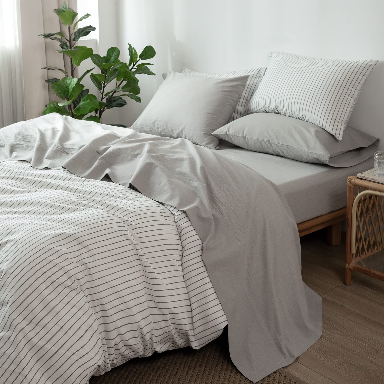 1 MooMee Bedding Sheet Set 100% Washed Cotton Linen Like Textured Breathable Durable Soft Comfy (Dark Grey, King)