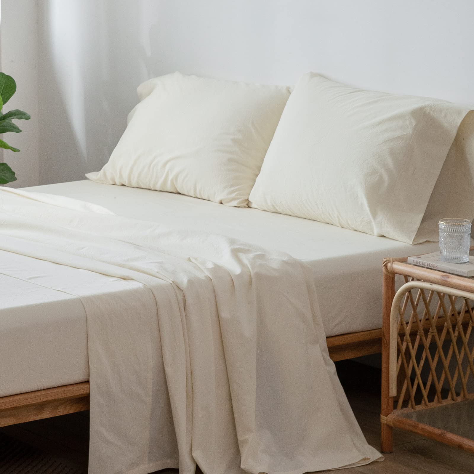 1 MooMee Bedding Sheet Set 100% Washed Cotton Linen Like Textured Breathable Durable Soft Comfy (Dark Grey, King)