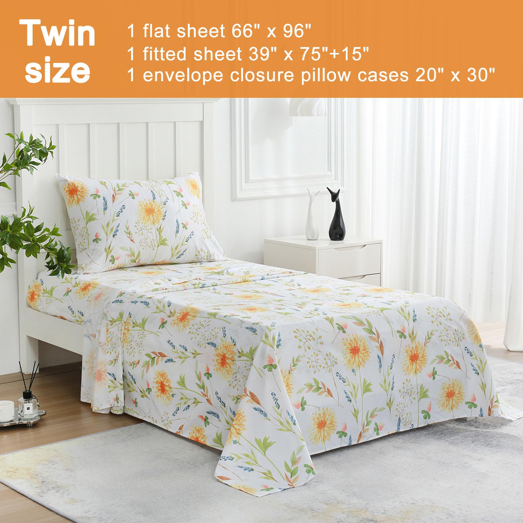 Boho Floral Printed Sheet Set Queen Size 4 Piece, Soft Botanical Pattern Microfiber Sheets Extra Deep Pocket