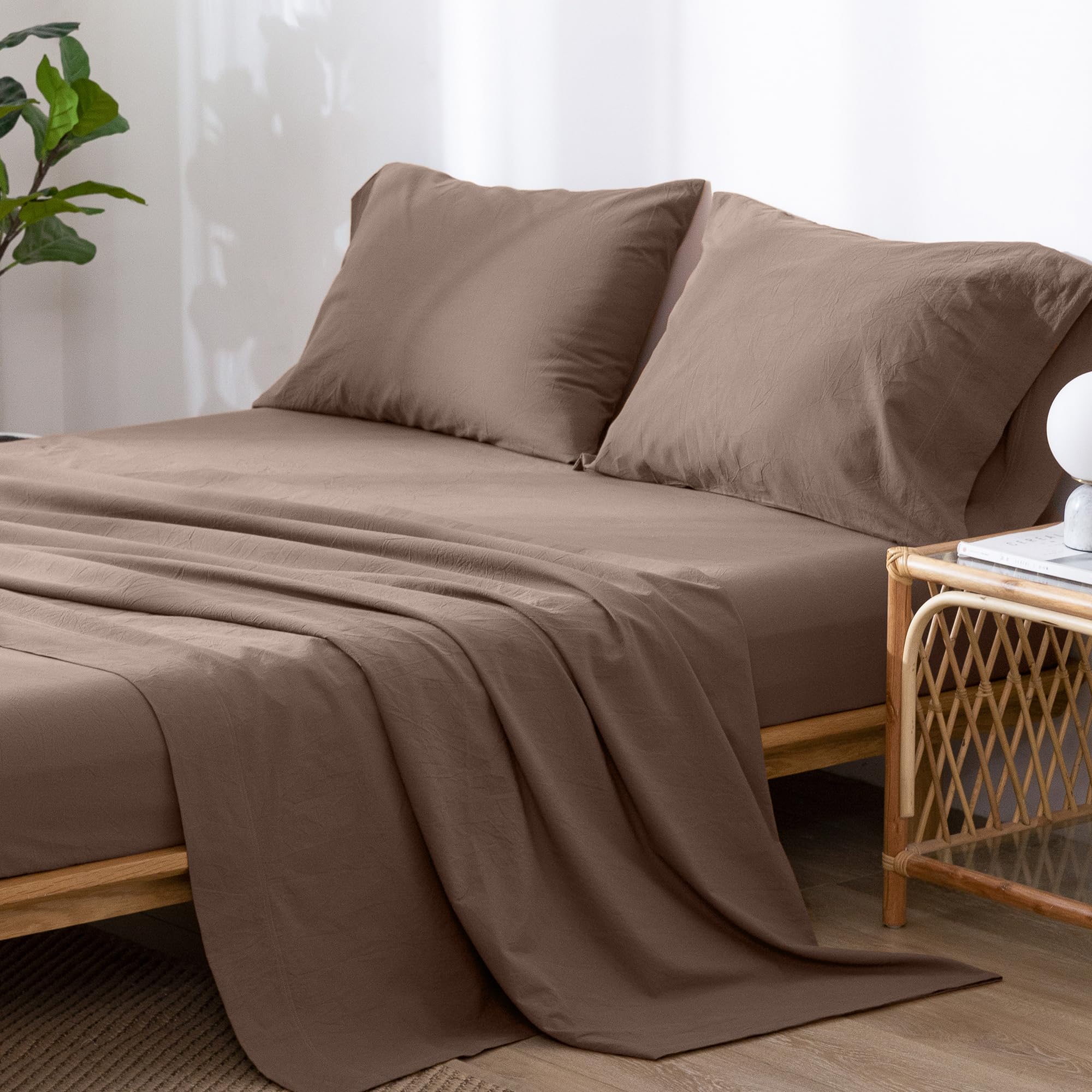 1 MooMee Bedding Sheet Set 100% Washed Cotton Linen Like Textured Breathable Durable Soft Comfy (Dark Grey, King)