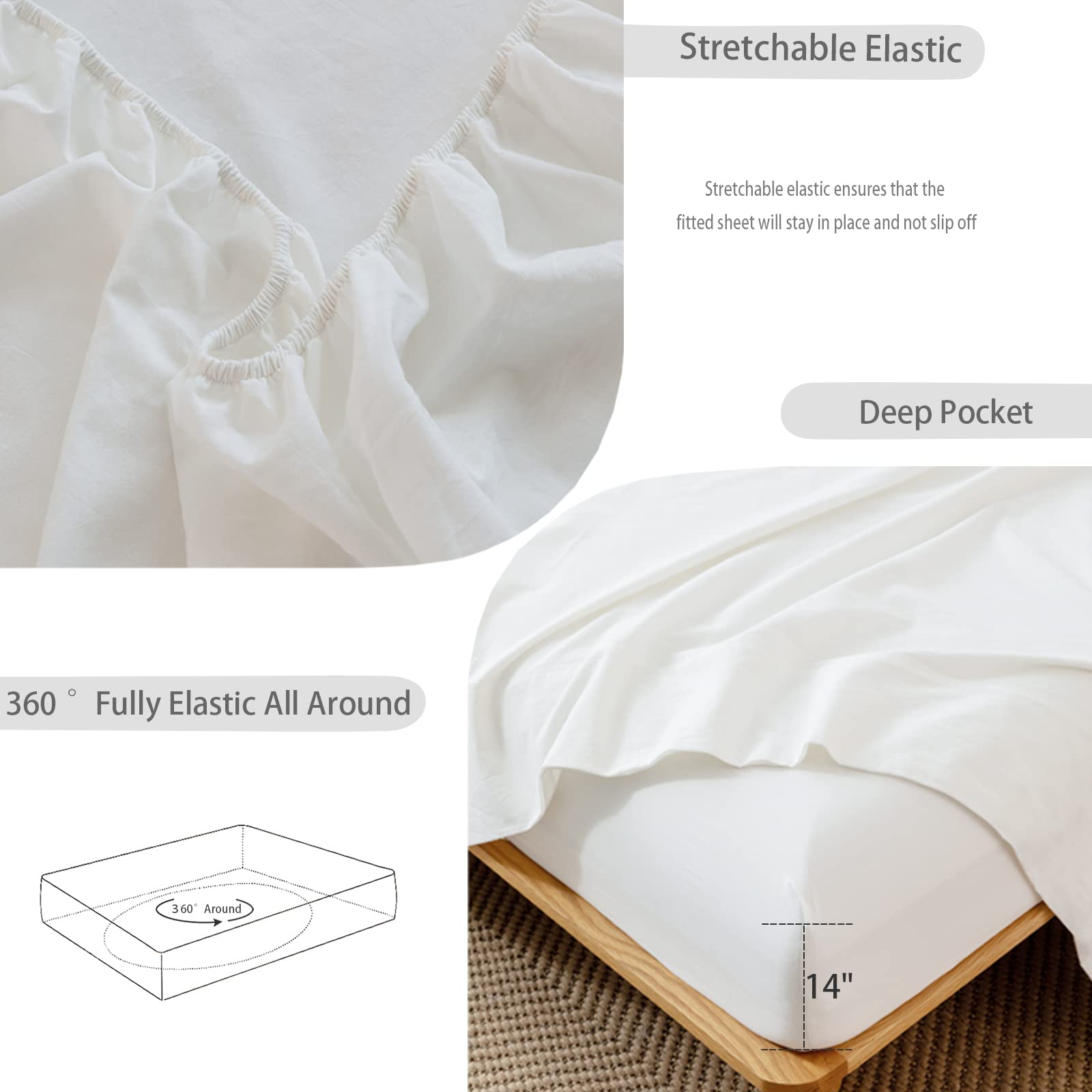 1 MooMee Bedding Sheet Set 100% Washed Cotton Linen Like Textured Breathable Durable Soft Comfy (Dark Grey, King)