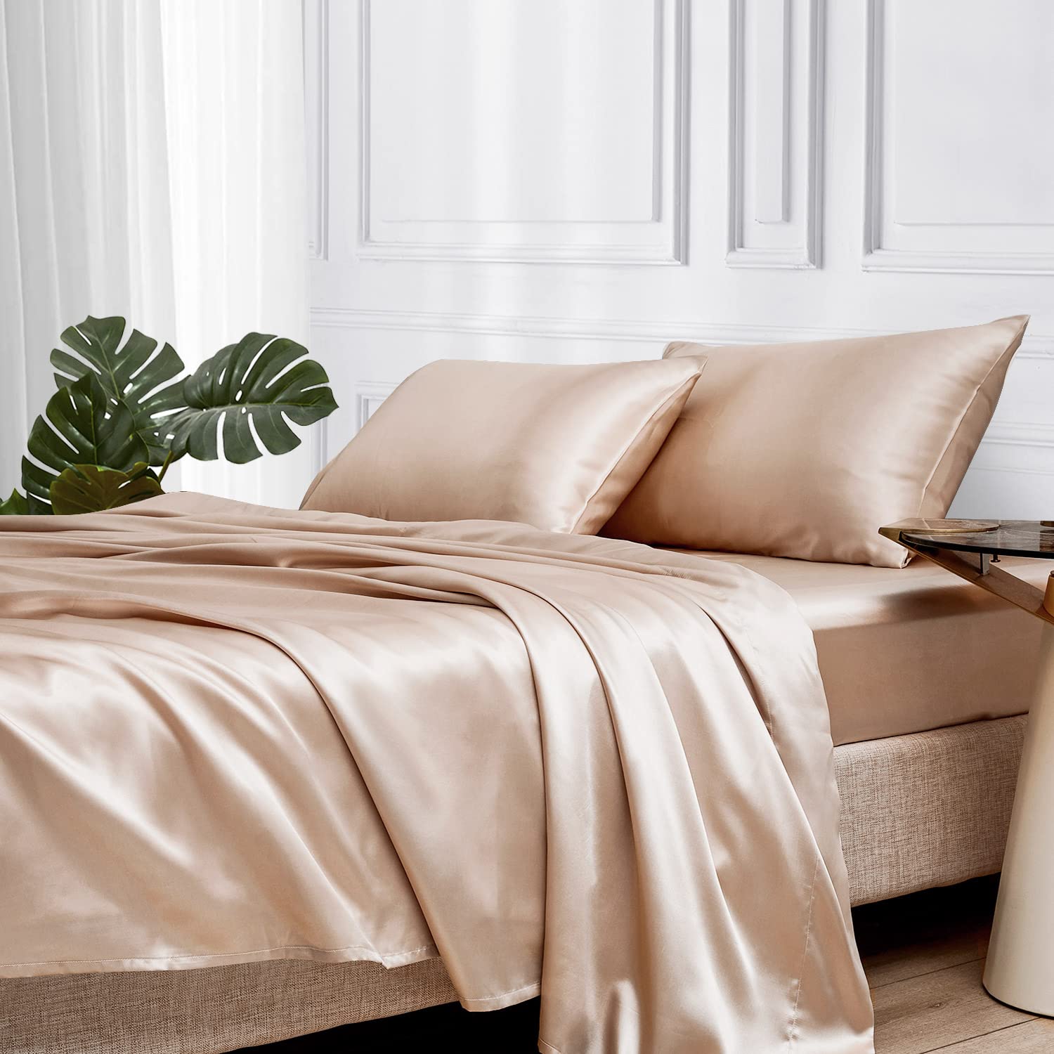 Satin Bed Sheets, Queen Size Sheets Set, 4 Pcs Silky Bedding Set with 15 Inches Deep Pocket for Mattress (Queen, Black)