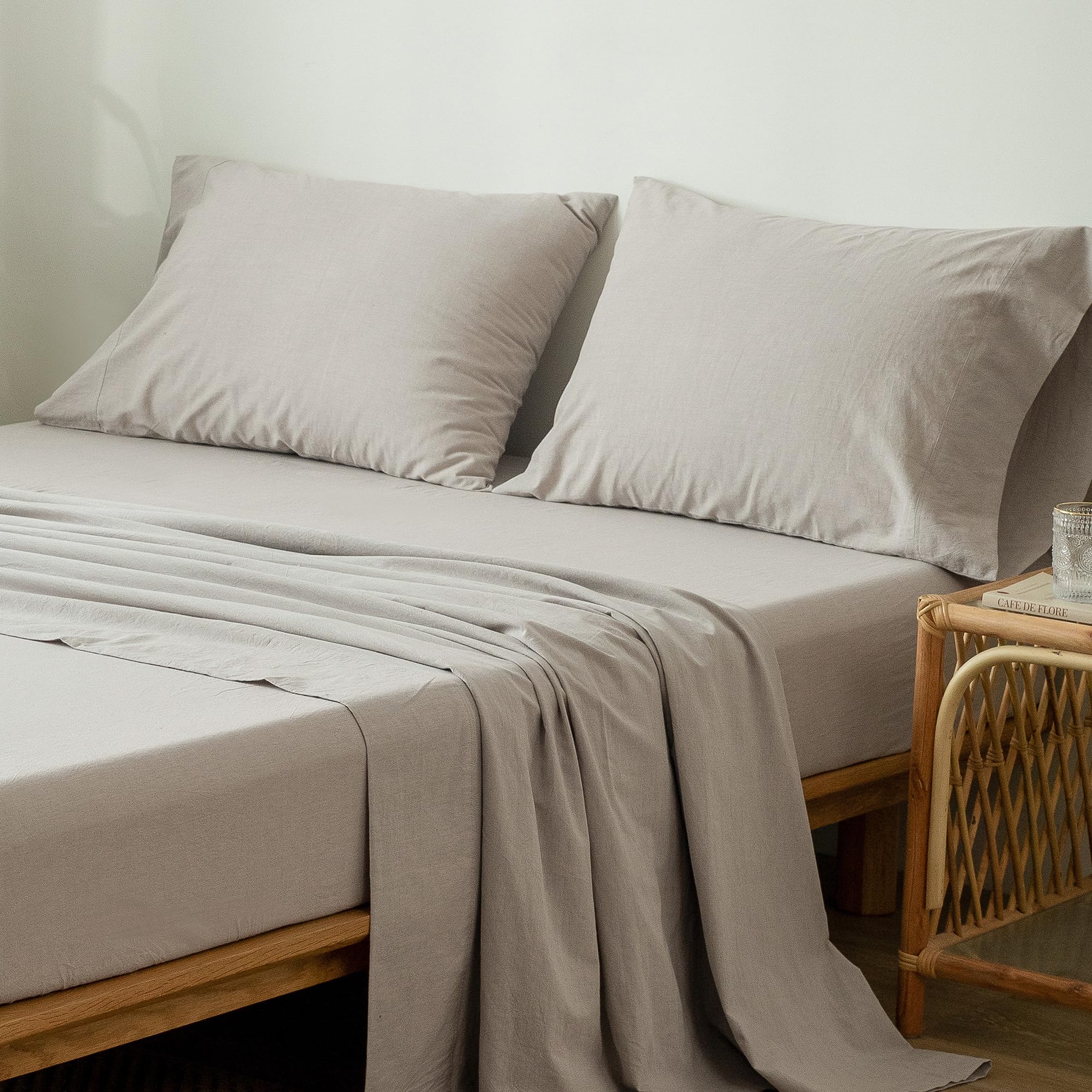 1 MooMee Bedding Sheet Set 100% Washed Cotton Linen Like Textured Breathable Durable Soft Comfy (Dark Grey, King)