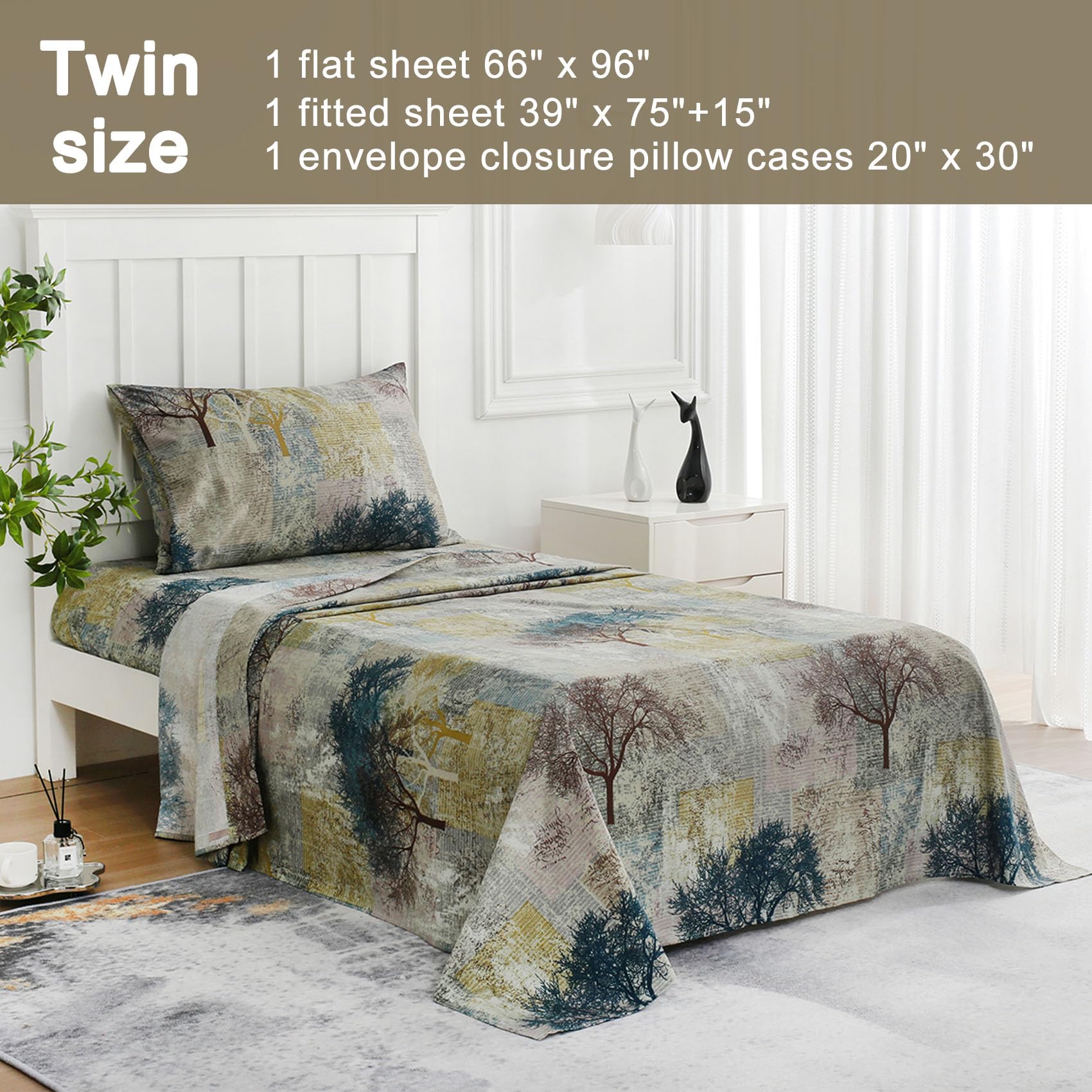 Boho Floral Printed Sheet Set Queen Size 4 Piece, Soft Botanical Pattern Microfiber Sheets Extra Deep Pocket