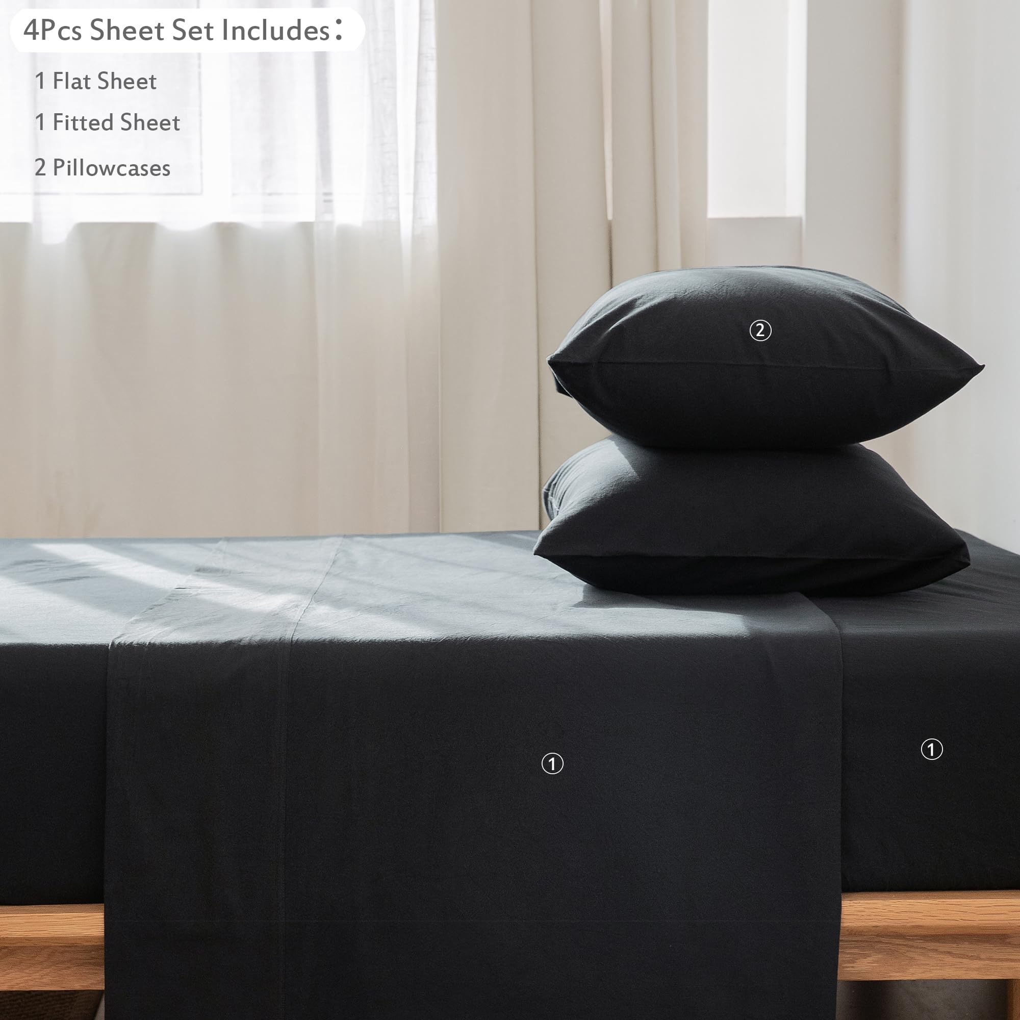 1 MooMee Bedding Sheet Set 100% Washed Cotton Linen Like Textured Breathable Durable Soft Comfy (Dark Grey, King)