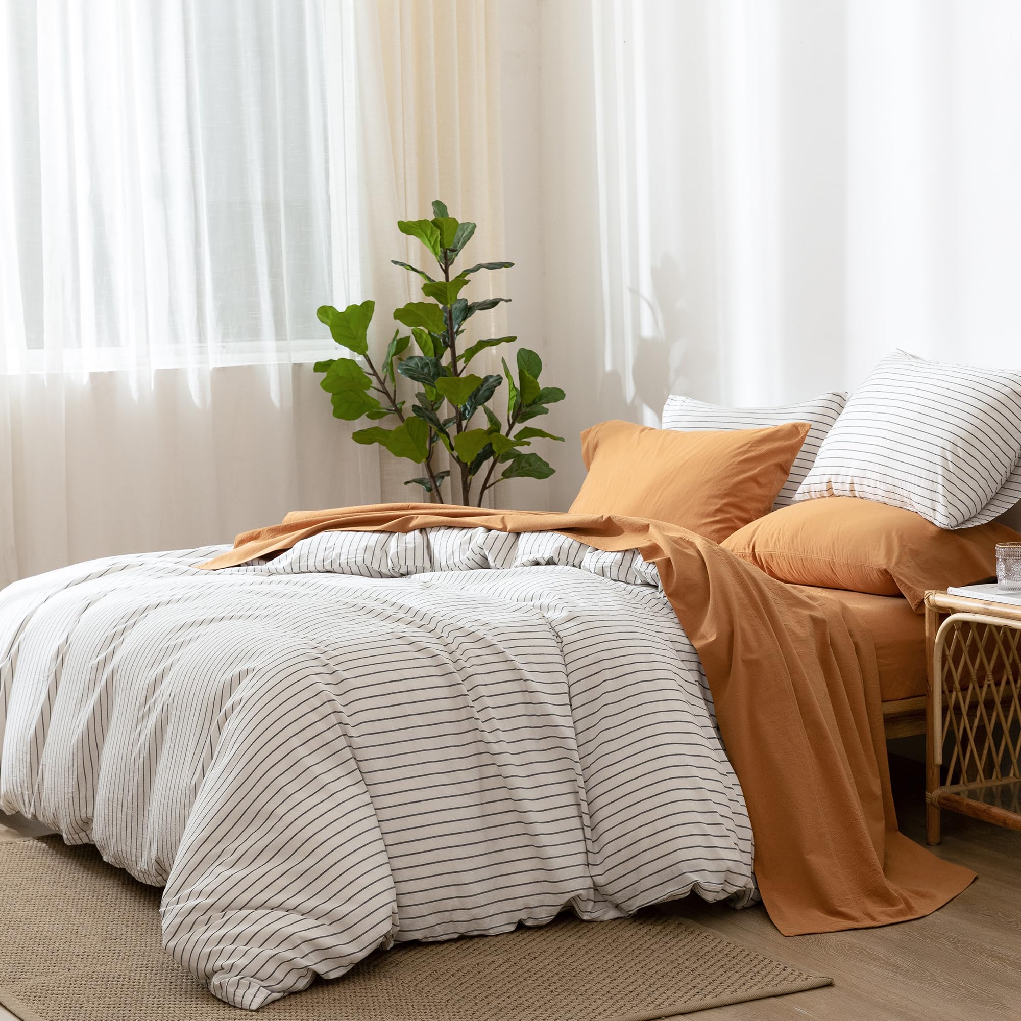 1 MooMee Bedding Sheet Set 100% Washed Cotton Linen Like Textured Breathable Durable Soft Comfy (Dark Grey, King)