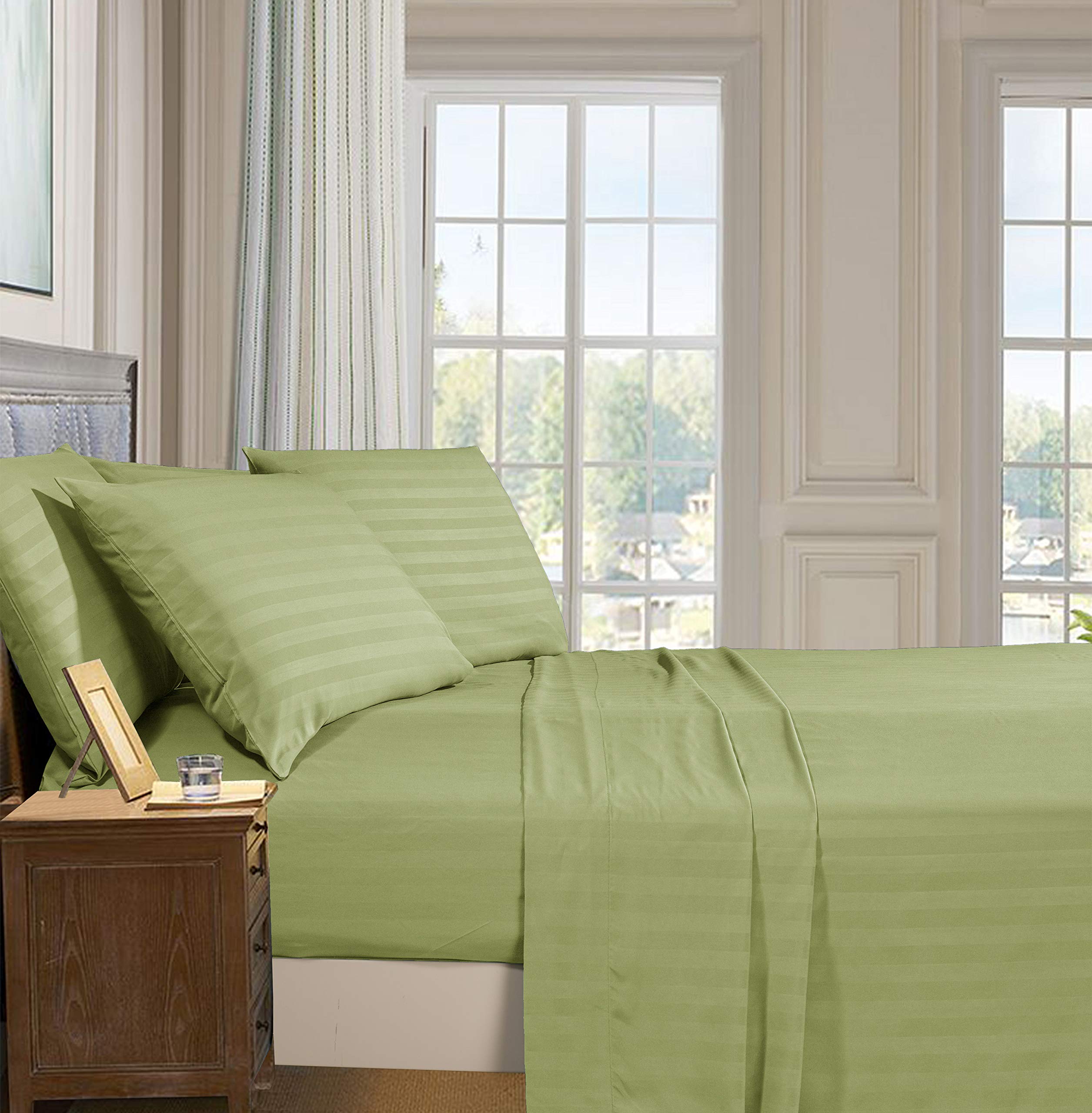 1Elegant Comfort Best, Softest, Coziest 6-Piece Sheet Sets! - 1500 Premier Hotel Quality Luxurious Wrinkle Resistant 6-Piece Damask Stripe Bed Sheet Set, Queen Sage/Green