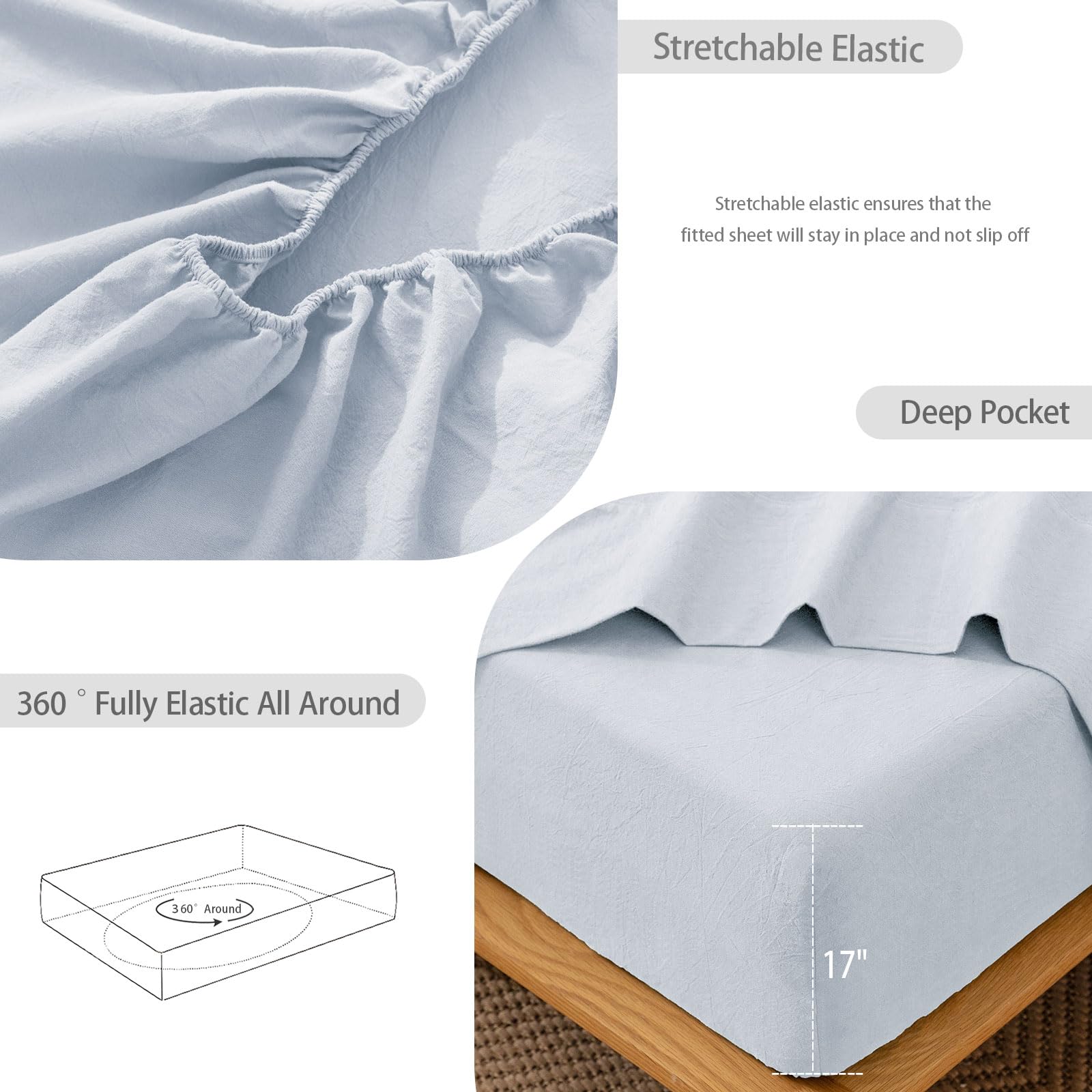 1 MooMee Bedding Sheet Set 100% Washed Cotton Linen Like Textured Breathable Durable Soft Comfy (Dark Grey, King)