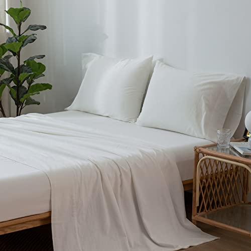 1 MooMee Bedding Sheet Set 100% Washed Cotton Linen Like Textured Breathable Durable Soft Comfy (Dark Grey, King)