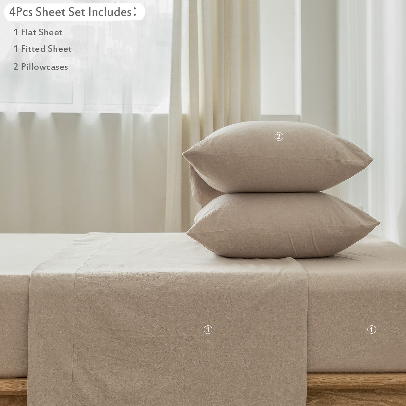 1 MooMee Bedding Sheet Set 100% Washed Cotton Linen Like Textured Breathable Durable Soft Comfy (Dark Grey, King)