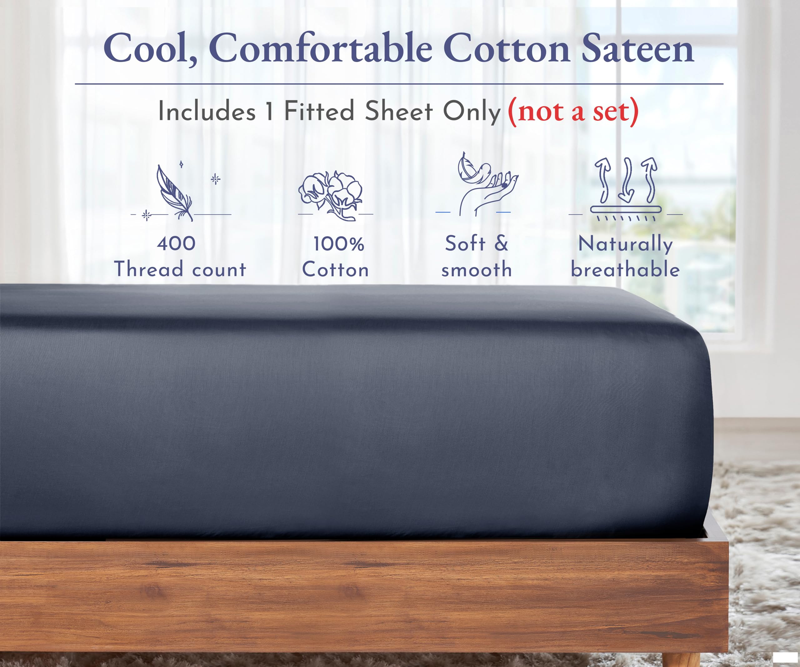King Size Fitted Sheet White, 100% Cotton 400 Thread Count Sateen, Deep Pockets, Durable Fitted Sheet Only (King, White)