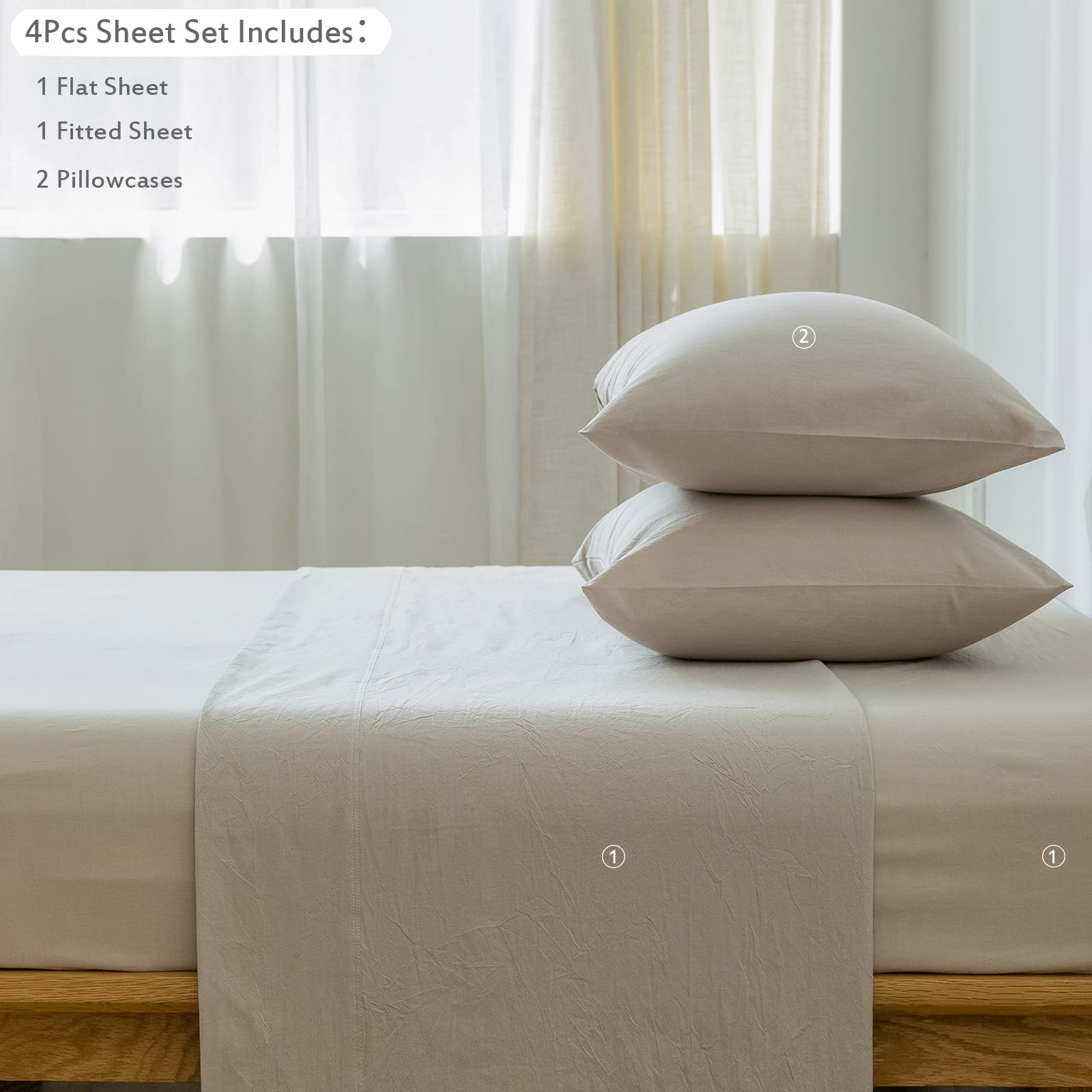 1 MooMee Bedding Sheet Set 100% Washed Cotton Linen Like Textured Breathable Durable Soft Comfy (Dark Grey, King)