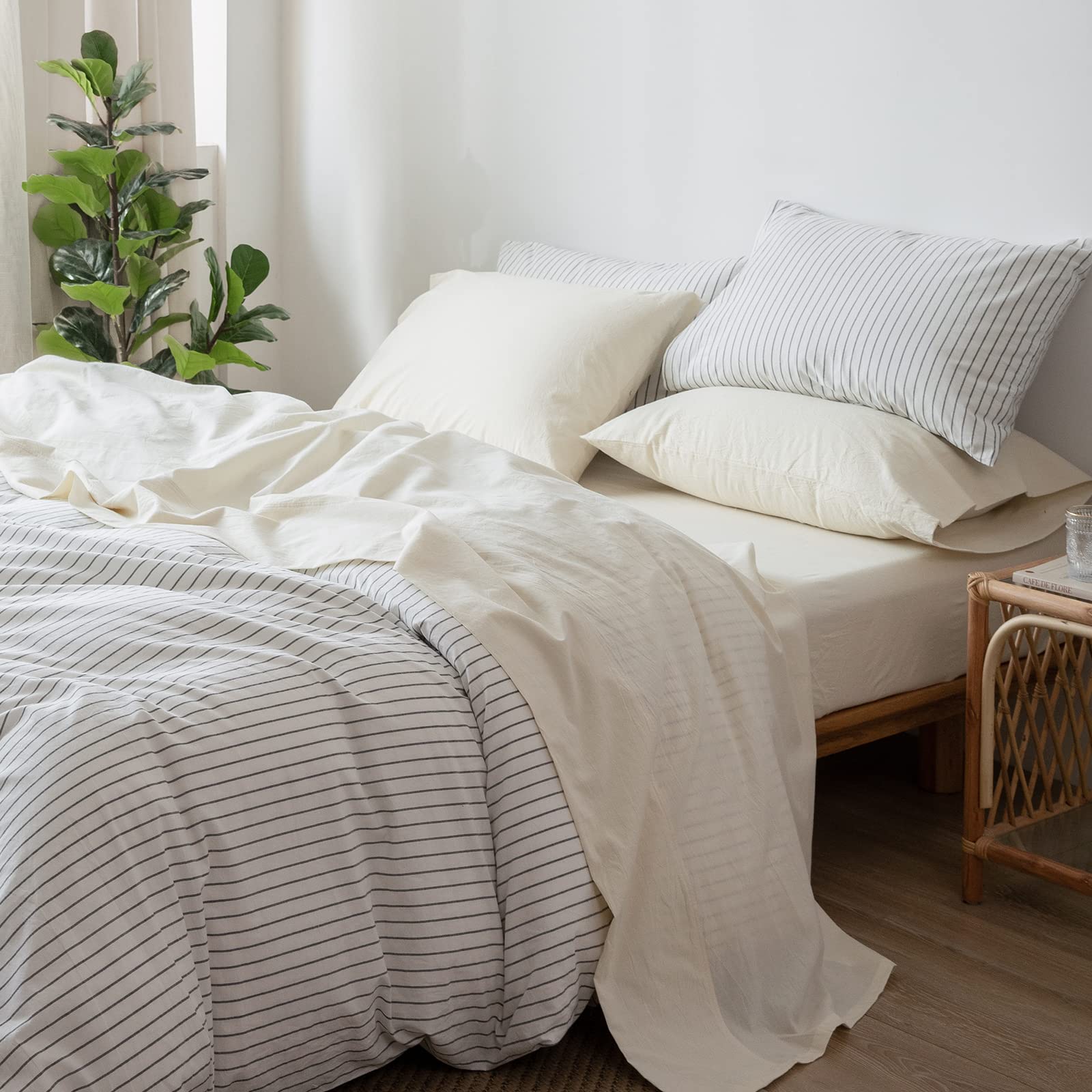 1 MooMee Bedding Sheet Set 100% Washed Cotton Linen Like Textured Breathable Durable Soft Comfy (Dark Grey, King)