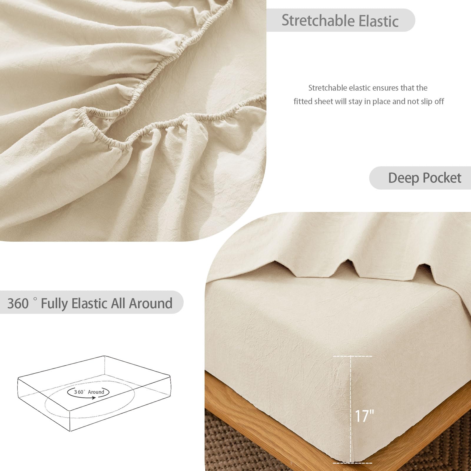 1 MooMee Bedding Sheet Set 100% Washed Cotton Linen Like Textured Breathable Durable Soft Comfy (Dark Grey, King)