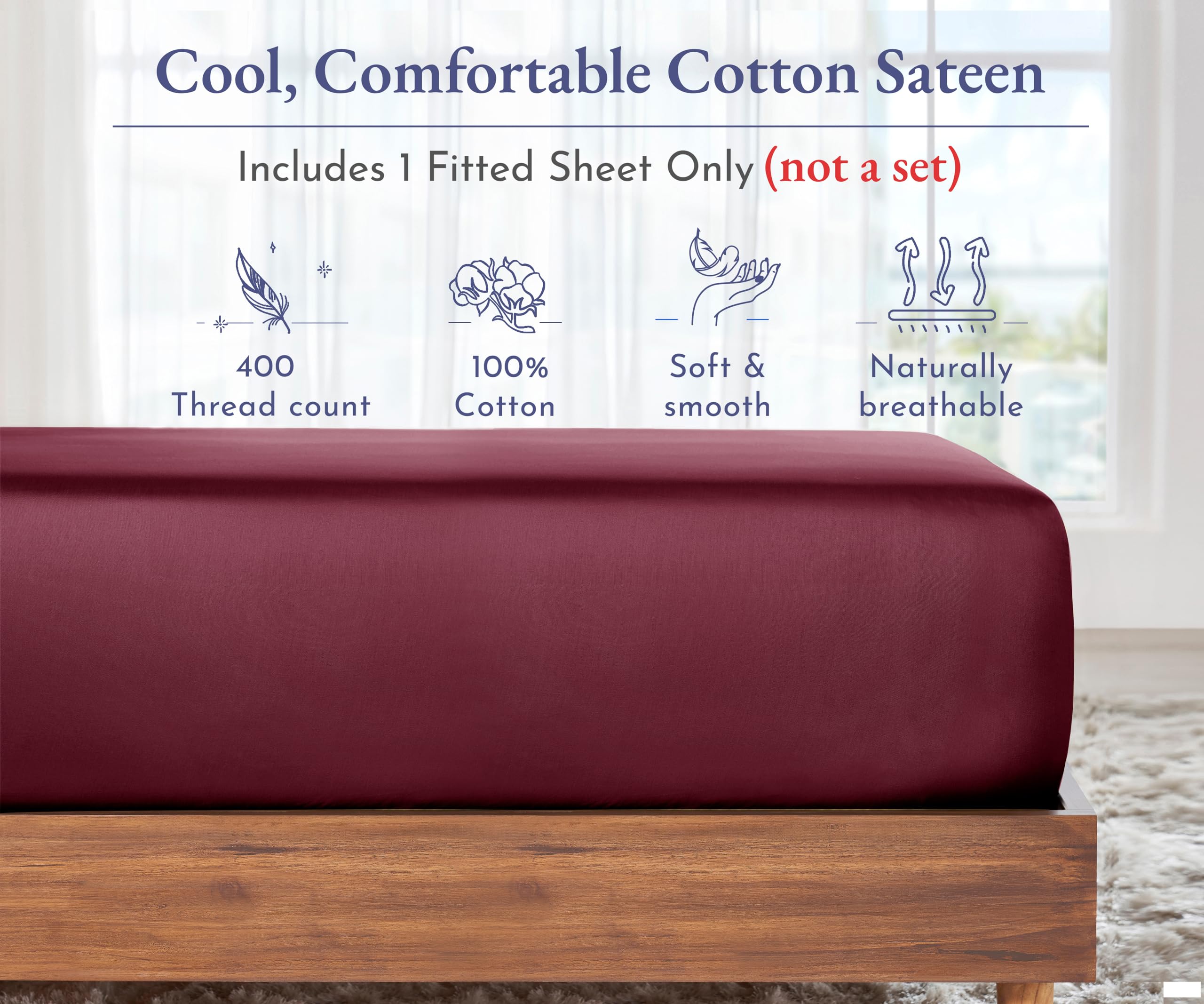 King Size Fitted Sheet White, 100% Cotton 400 Thread Count Sateen, Deep Pockets, Durable Fitted Sheet Only (King, White)