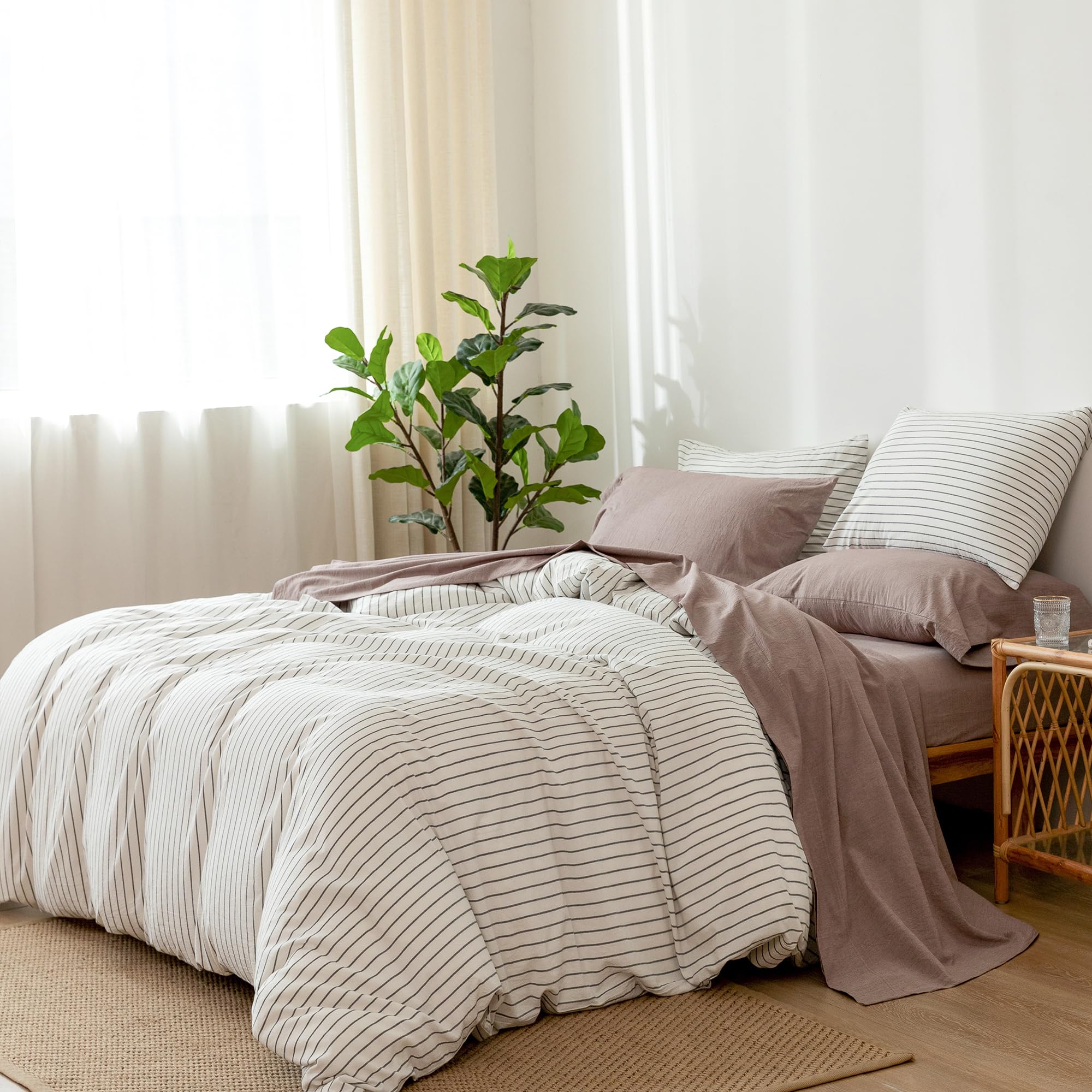 1 MooMee Bedding Sheet Set 100% Washed Cotton Linen Like Textured Breathable Durable Soft Comfy (Dark Grey, King)