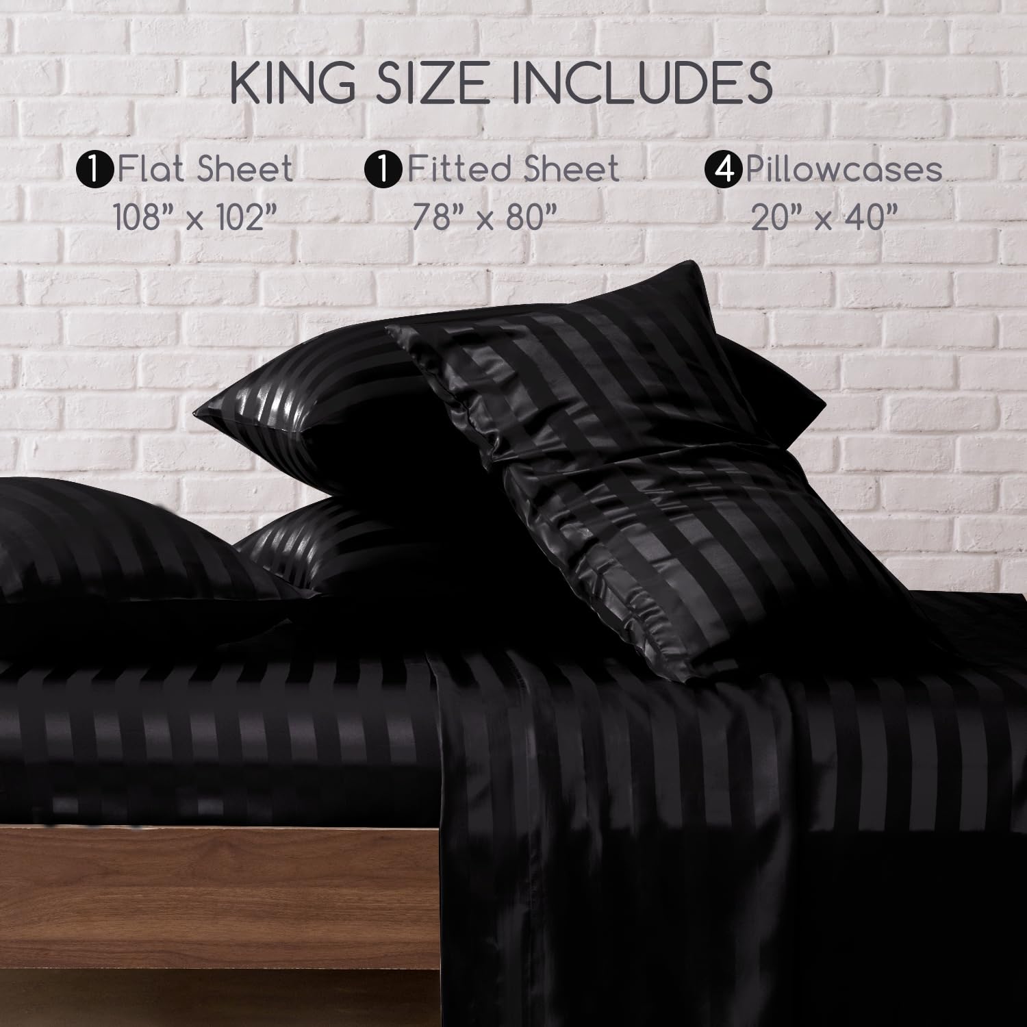 Satin Bed Sheets, Queen Size Sheets Set, 4 Pcs Silky Bedding Set with 15 Inches Deep Pocket for Mattress (Queen, Black)