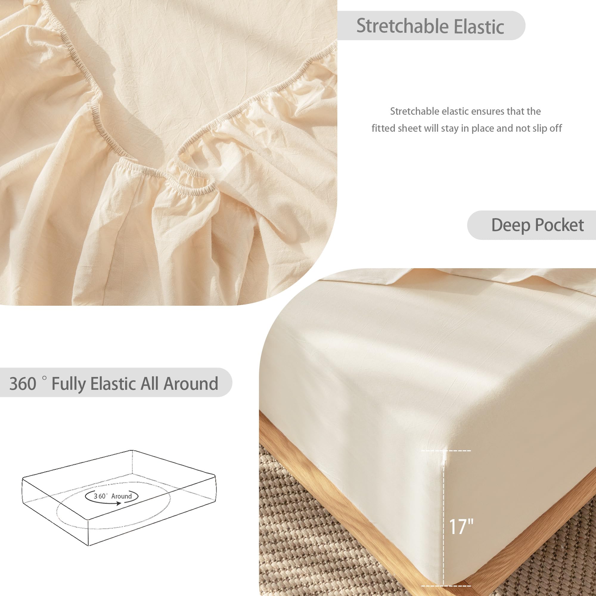 1 MooMee Bedding Sheet Set 100% Washed Cotton Linen Like Textured Breathable Durable Soft Comfy (Dark Grey, King)
