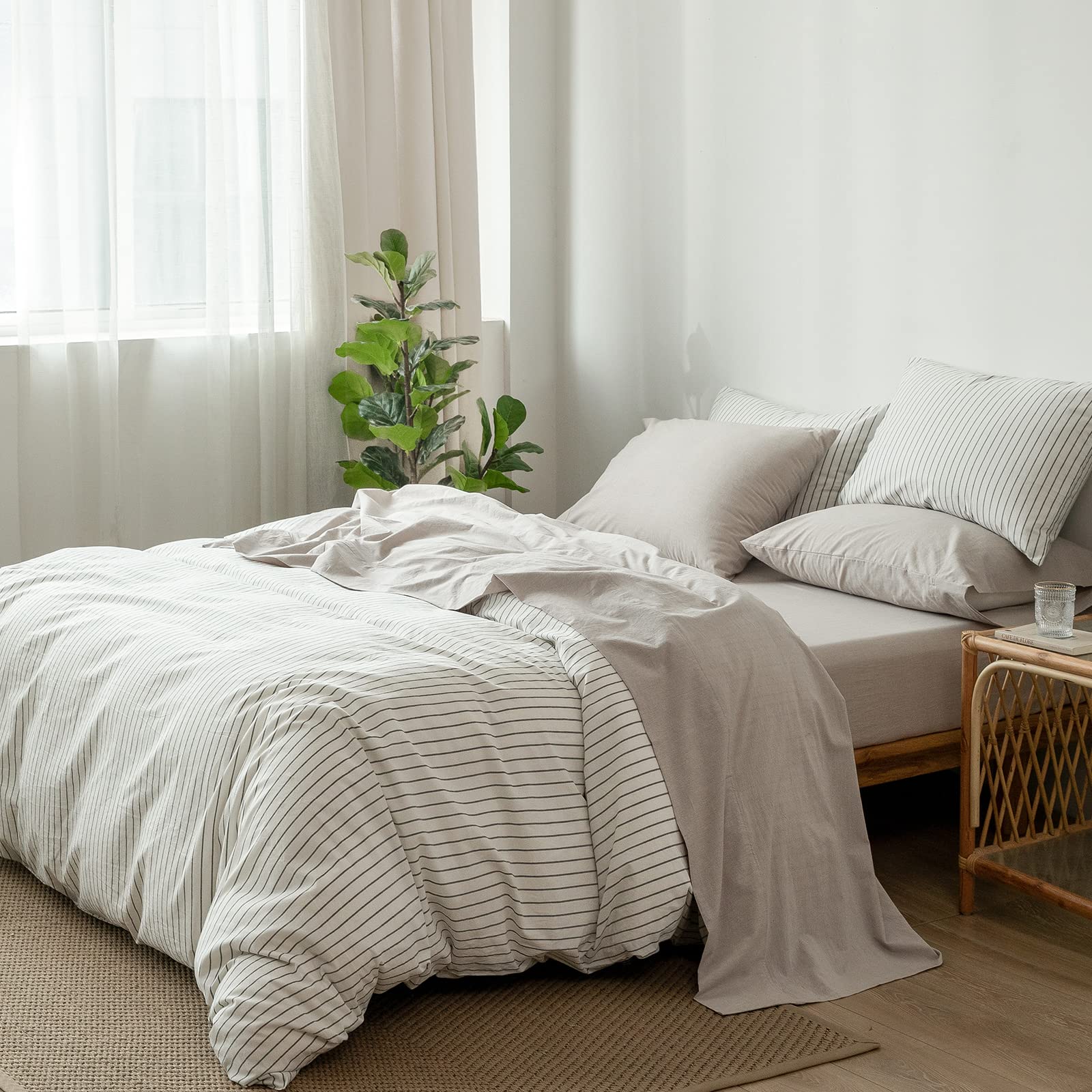 1 MooMee Bedding Sheet Set 100% Washed Cotton Linen Like Textured Breathable Durable Soft Comfy (Dark Grey, King)