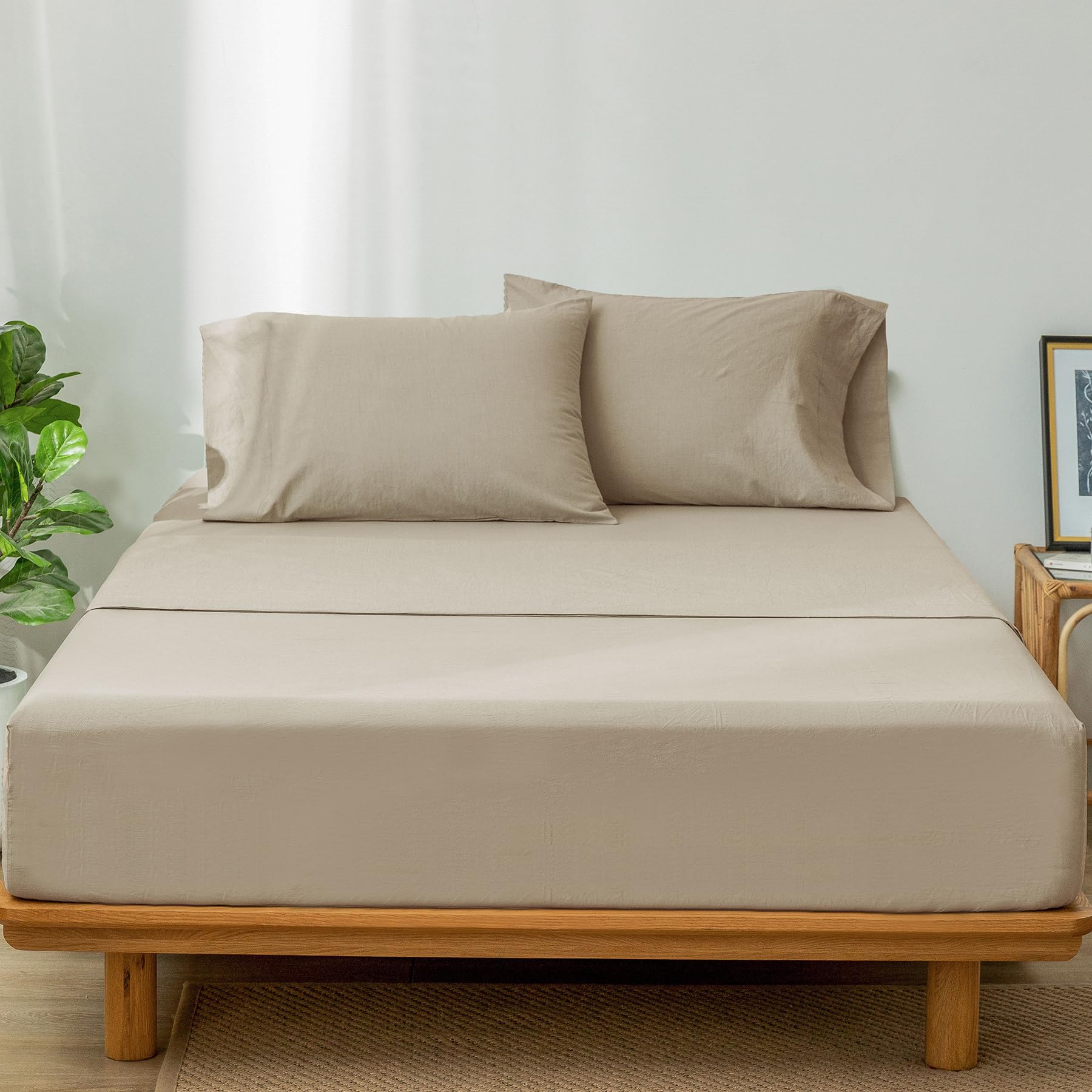 1 MooMee Bedding Sheet Set 100% Washed Cotton Linen Like Textured Breathable Durable Soft Comfy (Dark Grey, King)