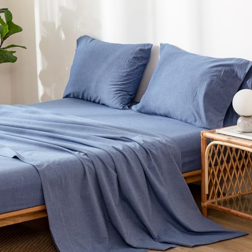 1 MooMee Bedding Sheet Set 100% Washed Cotton Linen Like Textured Breathable Durable Soft Comfy (Dark Grey, King)